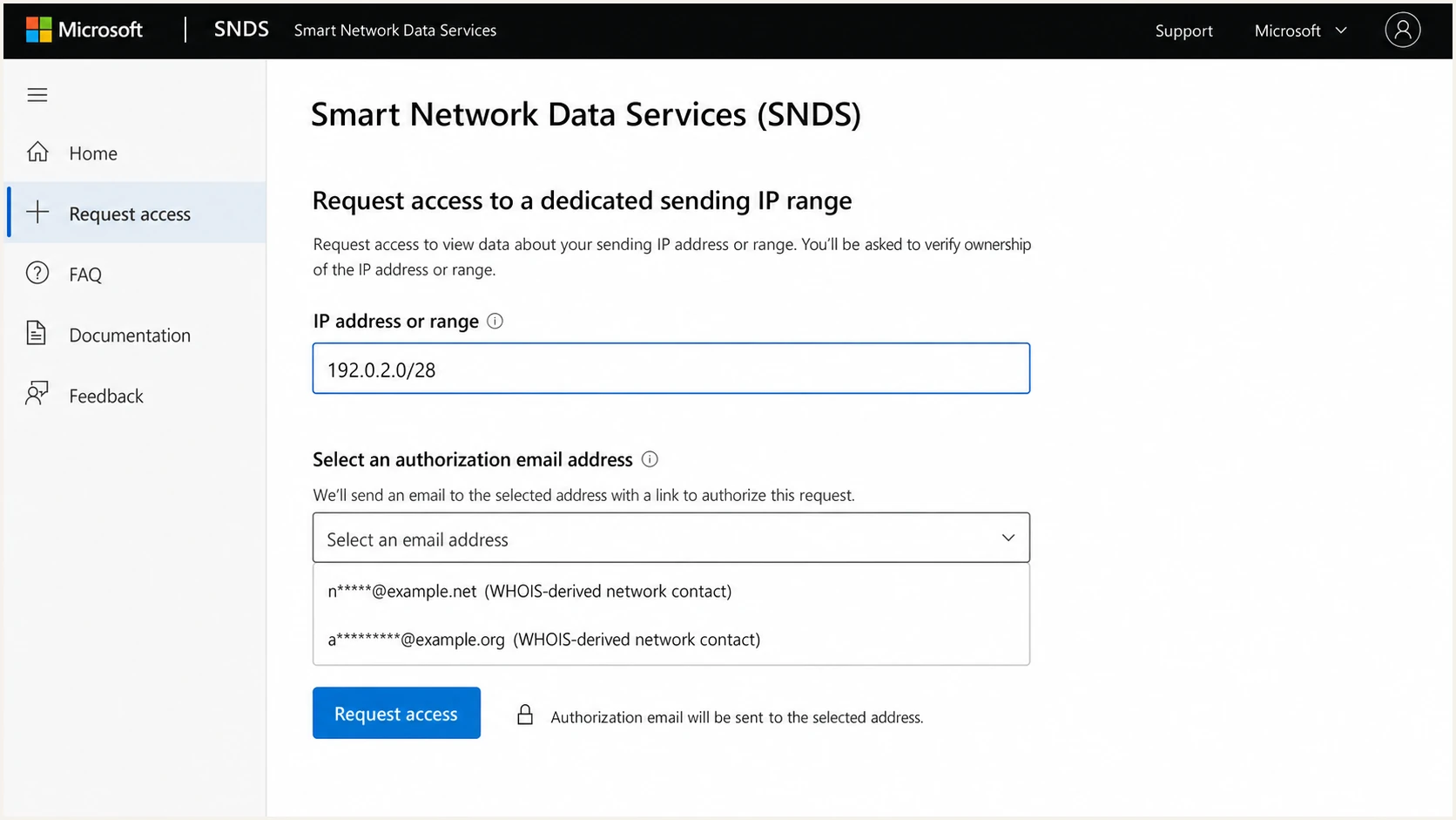 Microsoft SNDS request access screen with WHOIS-based authorization contacts.