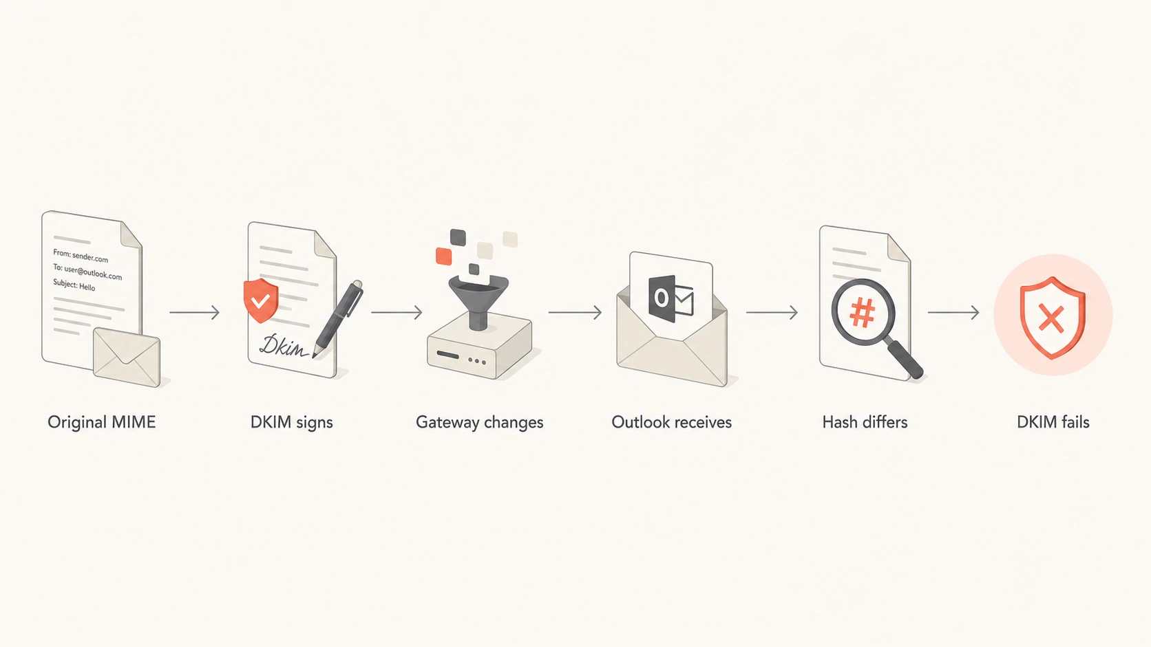 Flowchart showing how a message change between signing and Outlook validation breaks DKIM.