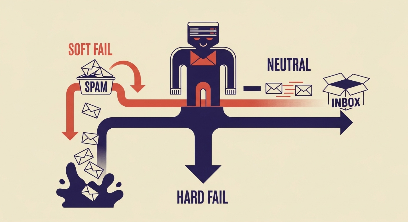 Illustration showing different outcomes for emails based on SPF qualifiers like hard fail, soft fail, and neutral.