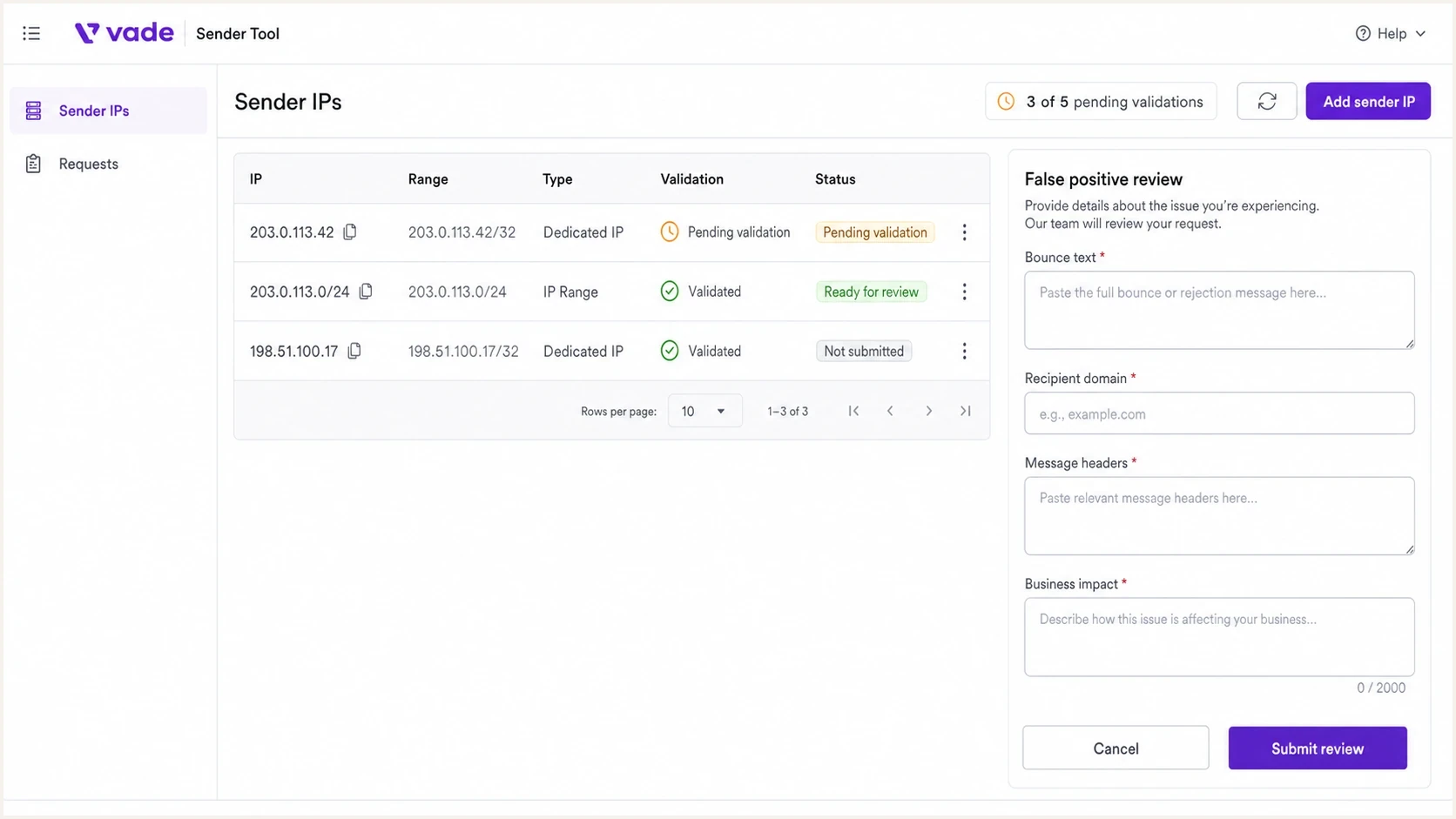 Vade Sender Tool interface for IP validation and a false positive review request.