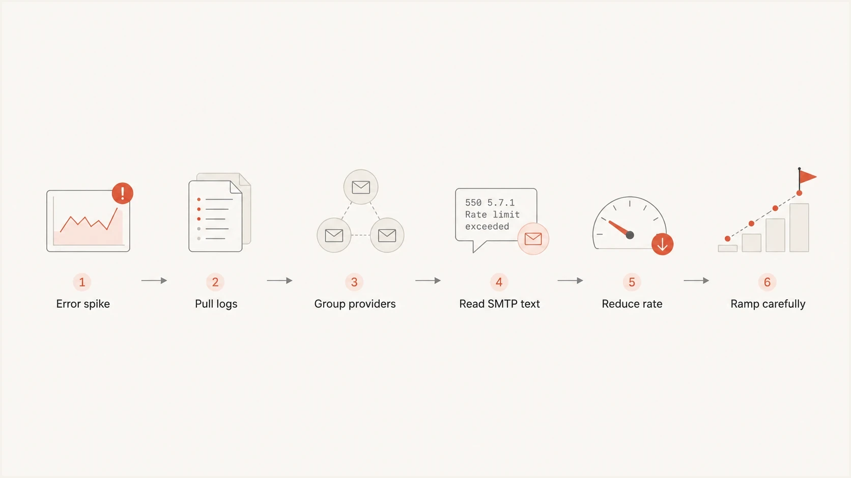 Email rate limit troubleshooting flowchart showing log review, provider grouping, SMTP text, throttling, and careful ramp-up.