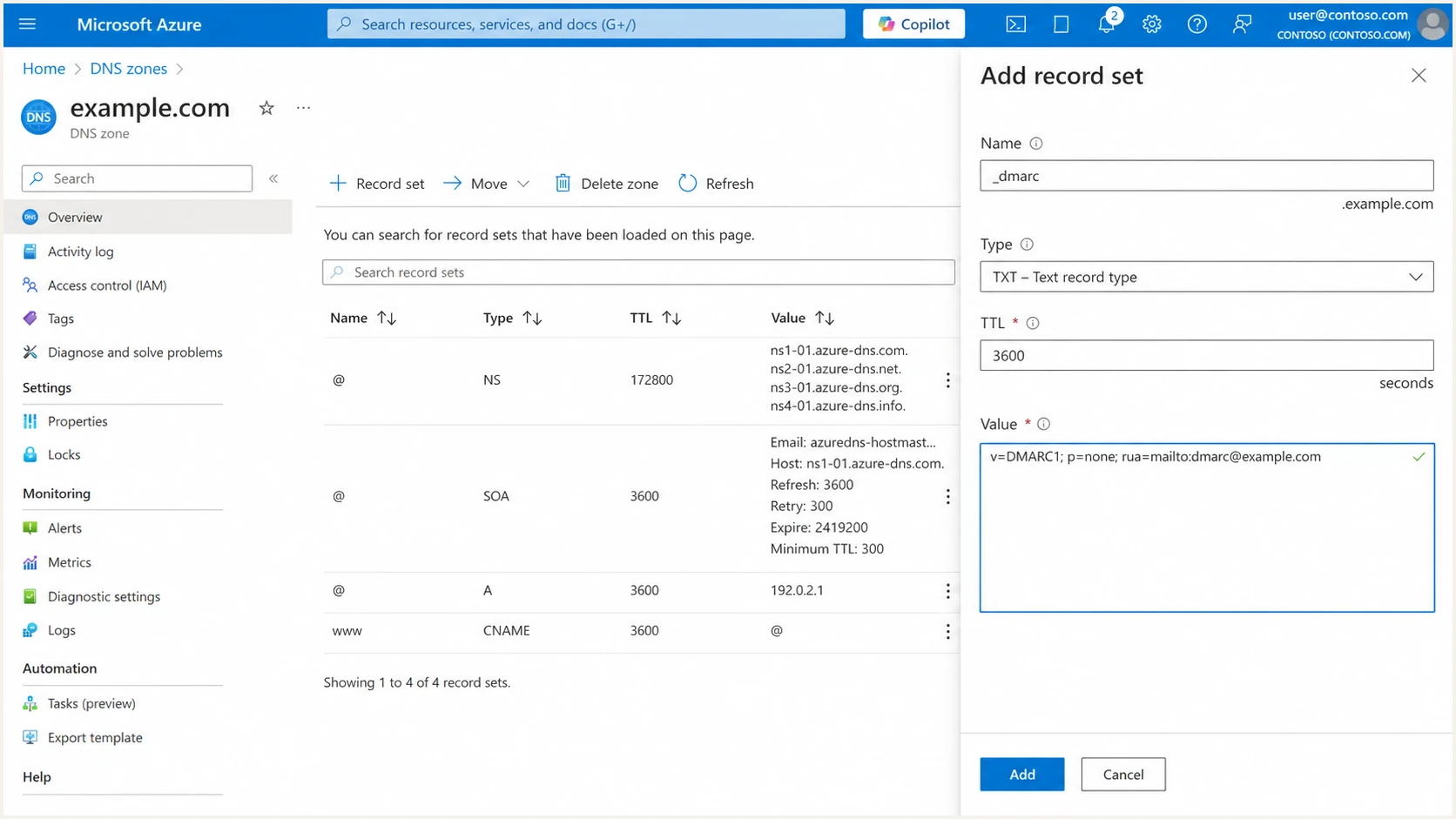 Azure DNS DMARC TXT record form