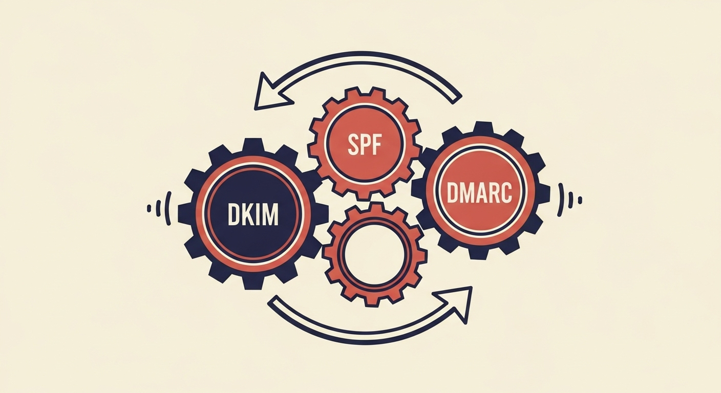 Interconnected gears representing DKIM, SPF, and DMARC working in harmony.