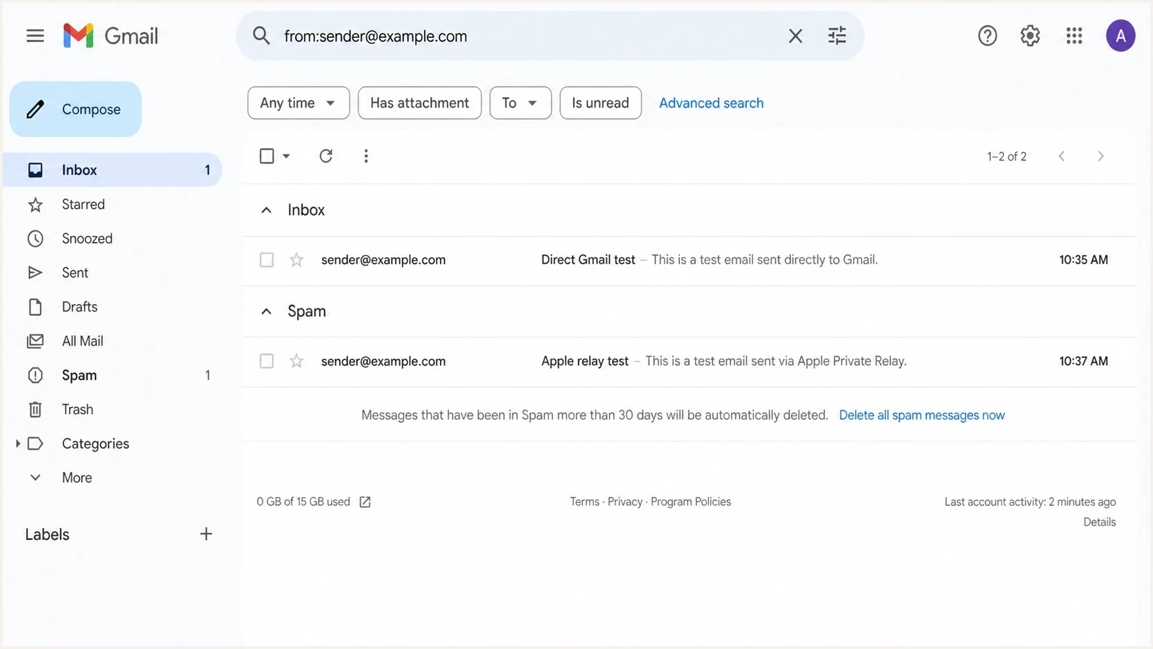 A Gmail screenshot showing direct delivery in Inbox and relay delivery in Spam.