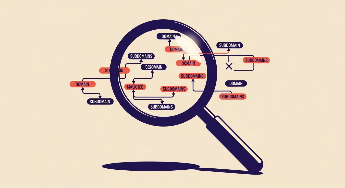 Magnifying glass examining email domains and subdomains for DMARC alignment