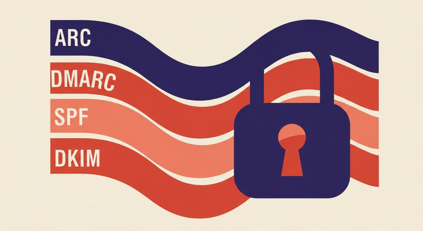 An abstract illustration depicting multiple layers of email security, including ARC, DMARC, SPF, and DKIM, working together to secure email communications.