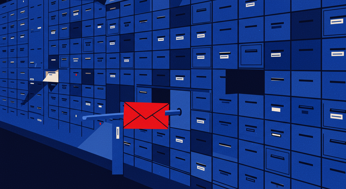 A minimalist retro illustration of a large wall of mail slots, with a single red letter being blocked by a blue barrier before it can enter one of the slots. The style of the images should be A minimalist retro illustration in the style of Malika Favre. Dominant colors are bright poppy red and deep royal blue. No text, vector art, high contrast.