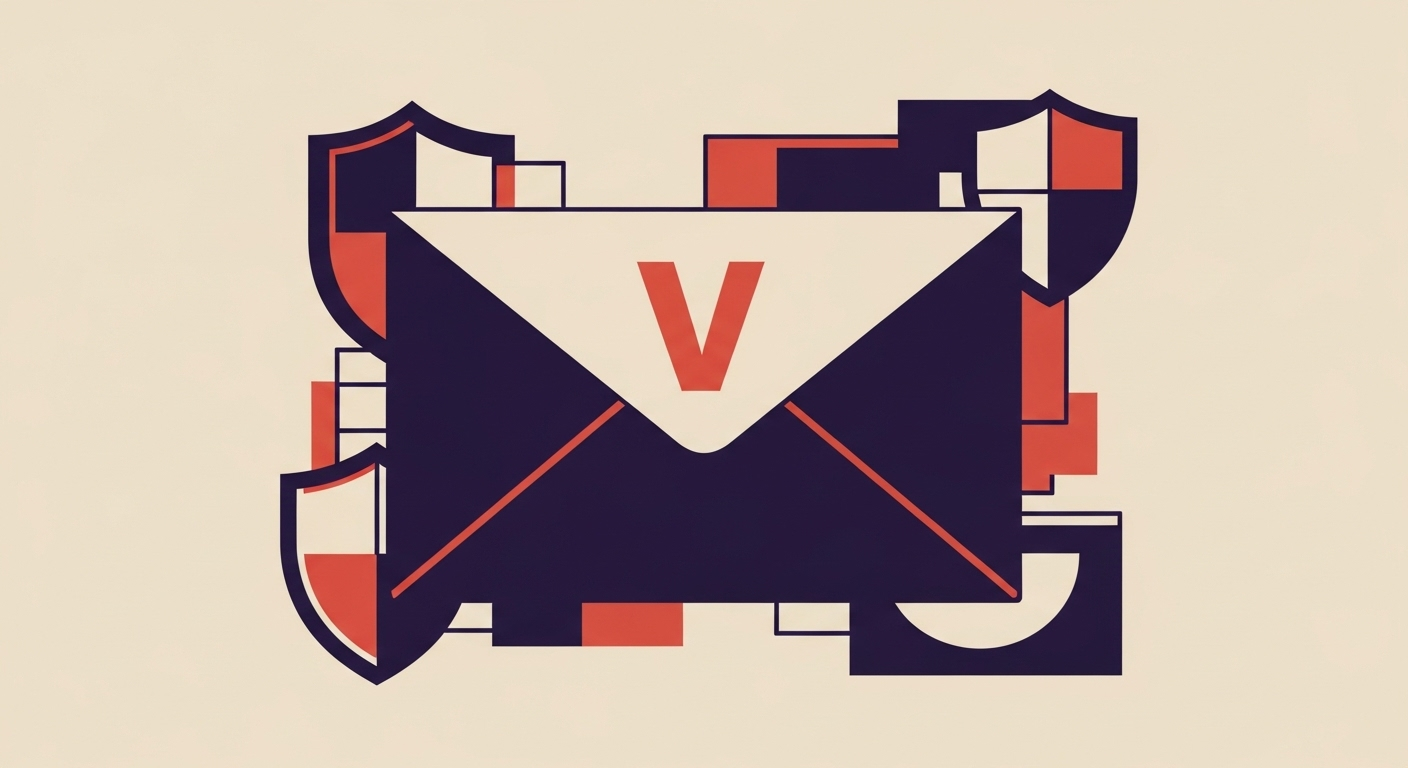 An illustration of an email with a 'V' representing the DMARC version tag and security elements.