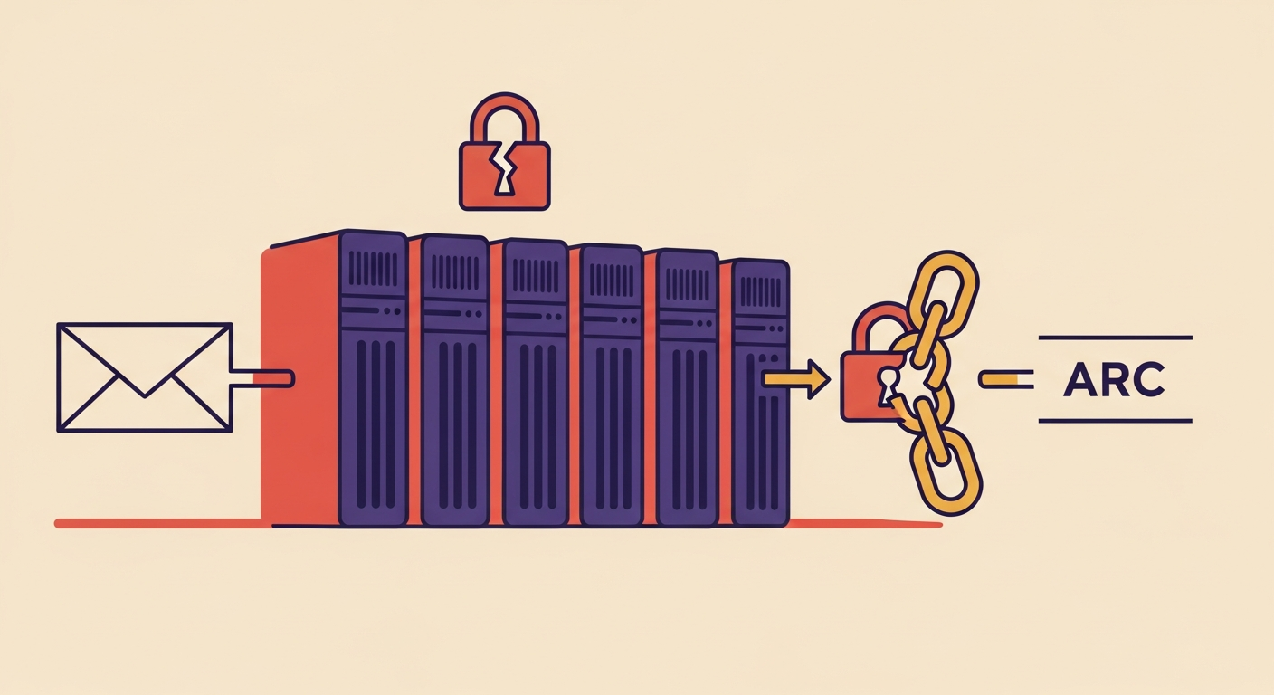 An illustration showing an email flow, initially breaking DMARC with forwarding, then demonstrating ARC creating a secure, unbroken chain of authentication.