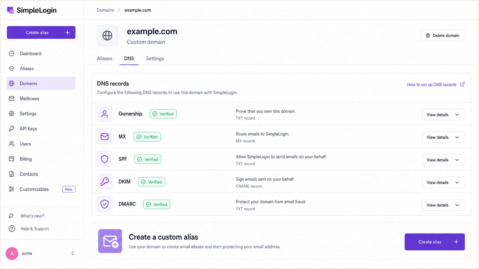 SimpleLogin domain page with all DNS checks verified