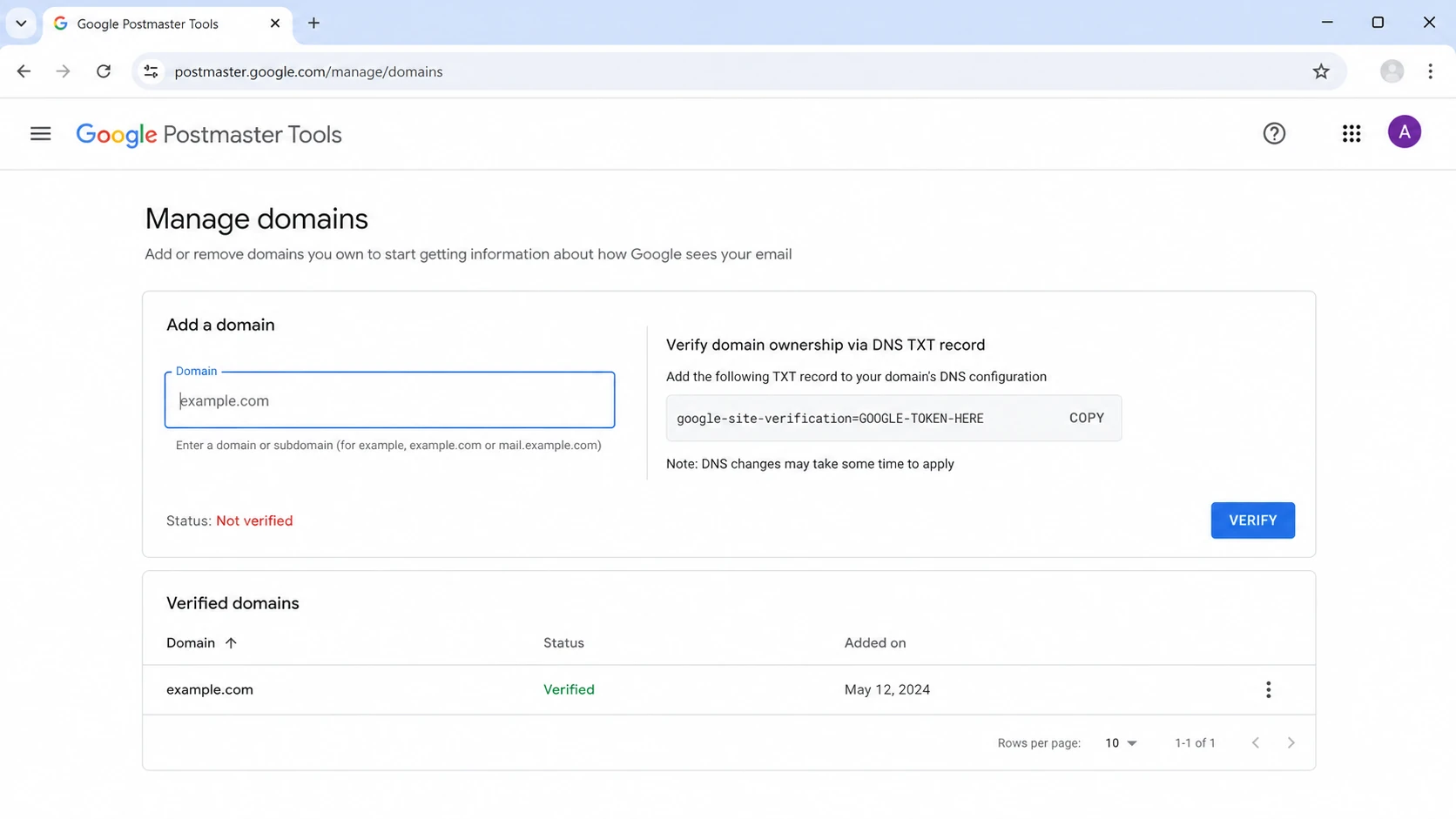 Google Postmaster Tools domain verification screen with a TXT record instruction