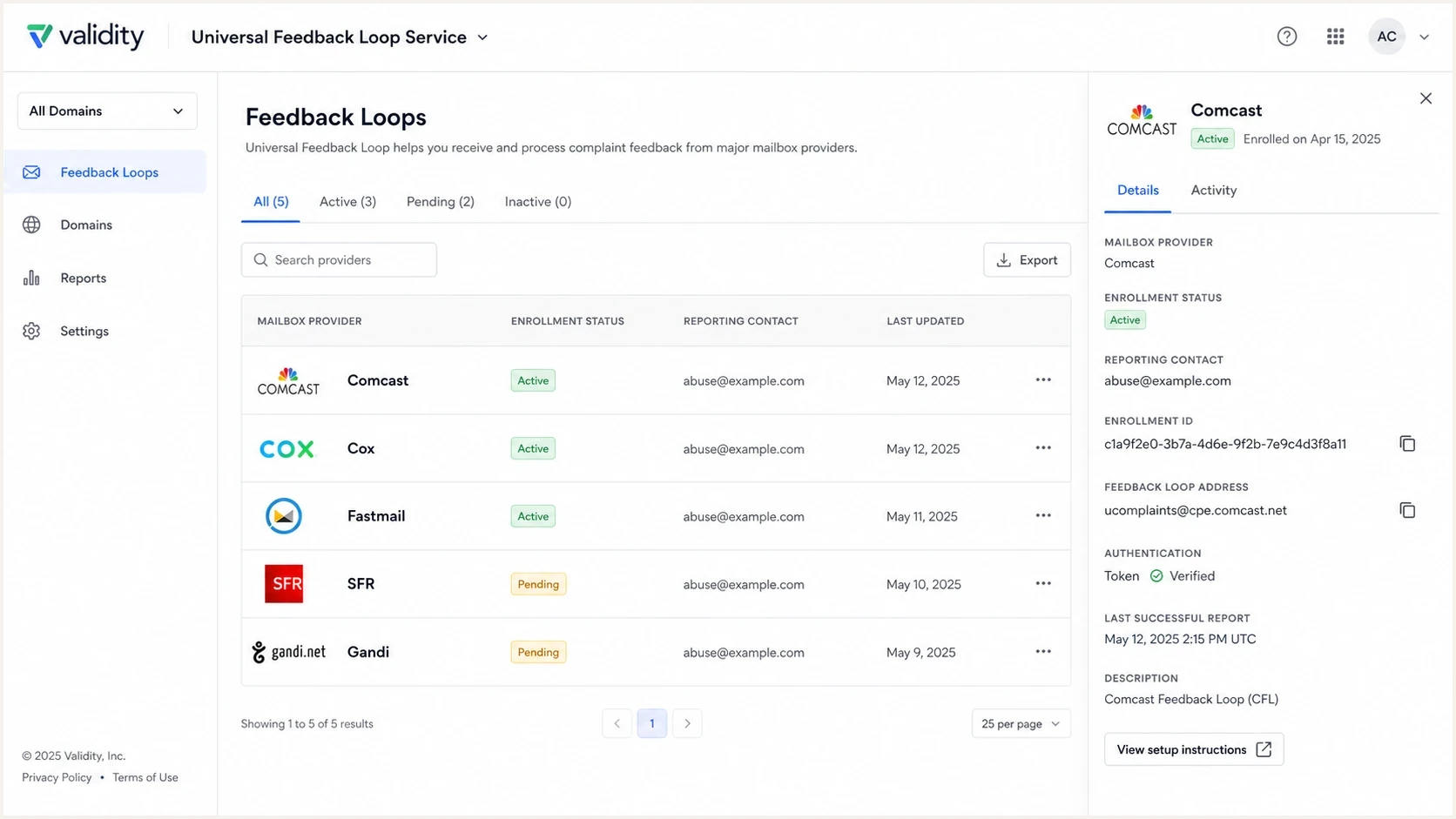 Validity Universal Feedback Loop Service dashboard with provider enrollment rows.