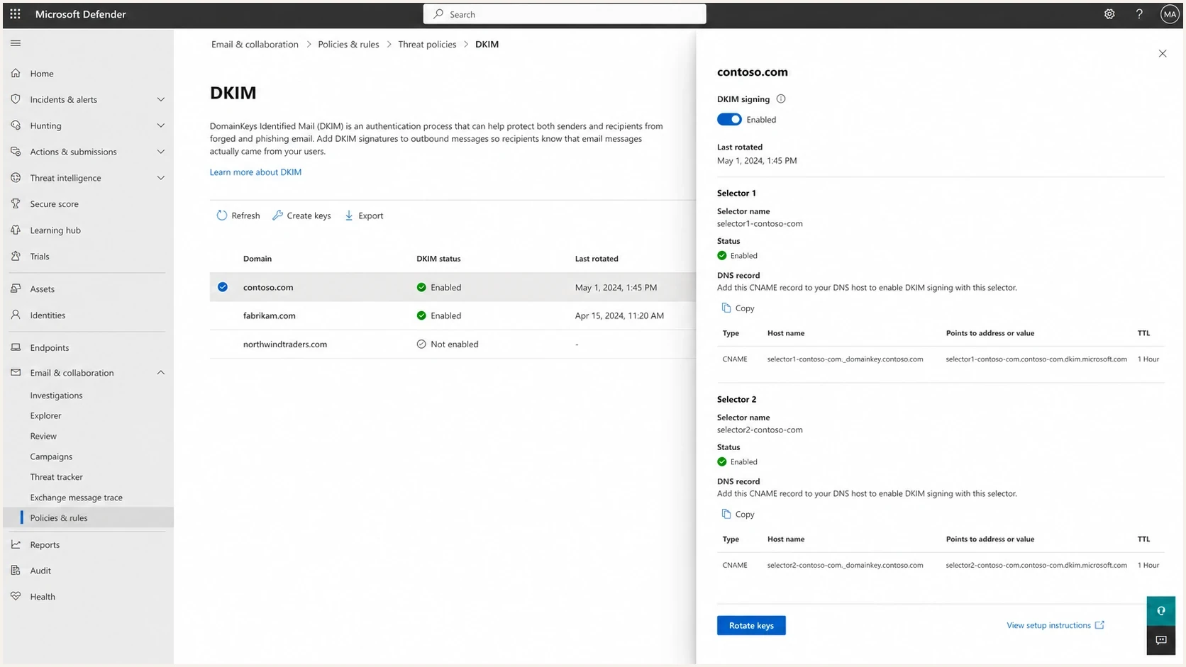 Microsoft Defender portal DKIM settings for a custom domain.
