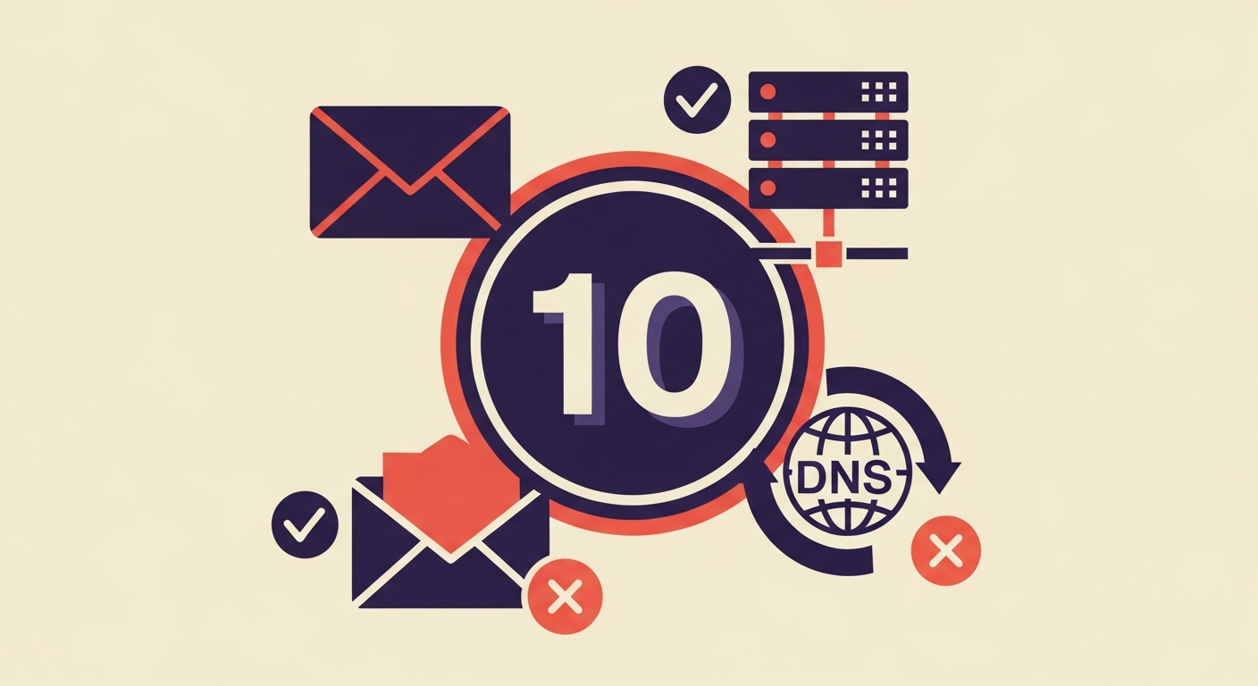 An illustration showing the SPF 10-lookup limit with email and DNS symbols.