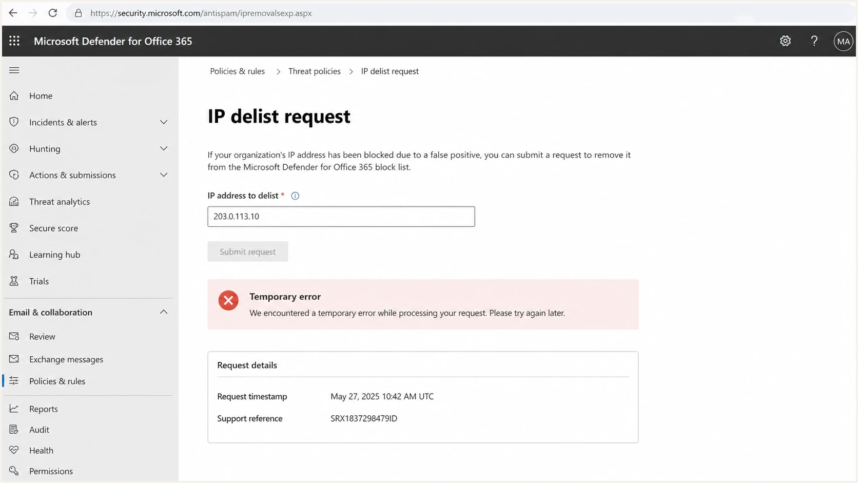 Microsoft Defender for Office 365 delist screen with a temporary error.