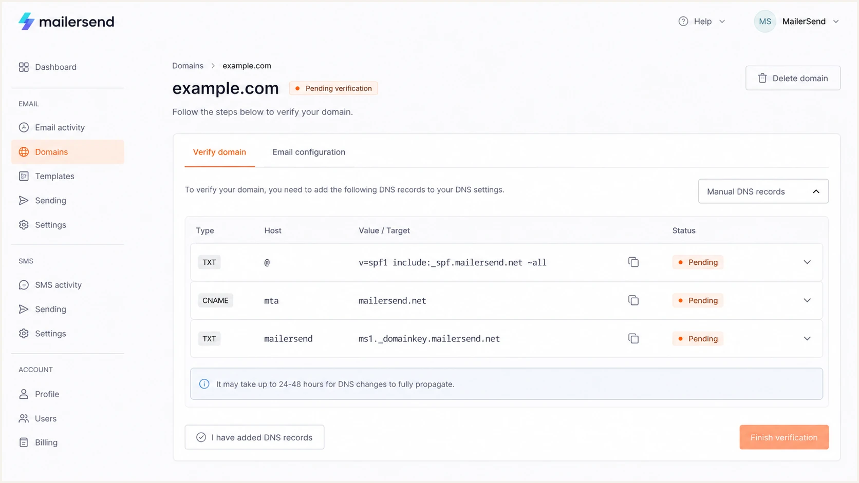MailerSend SPF and Return-Path DNS records