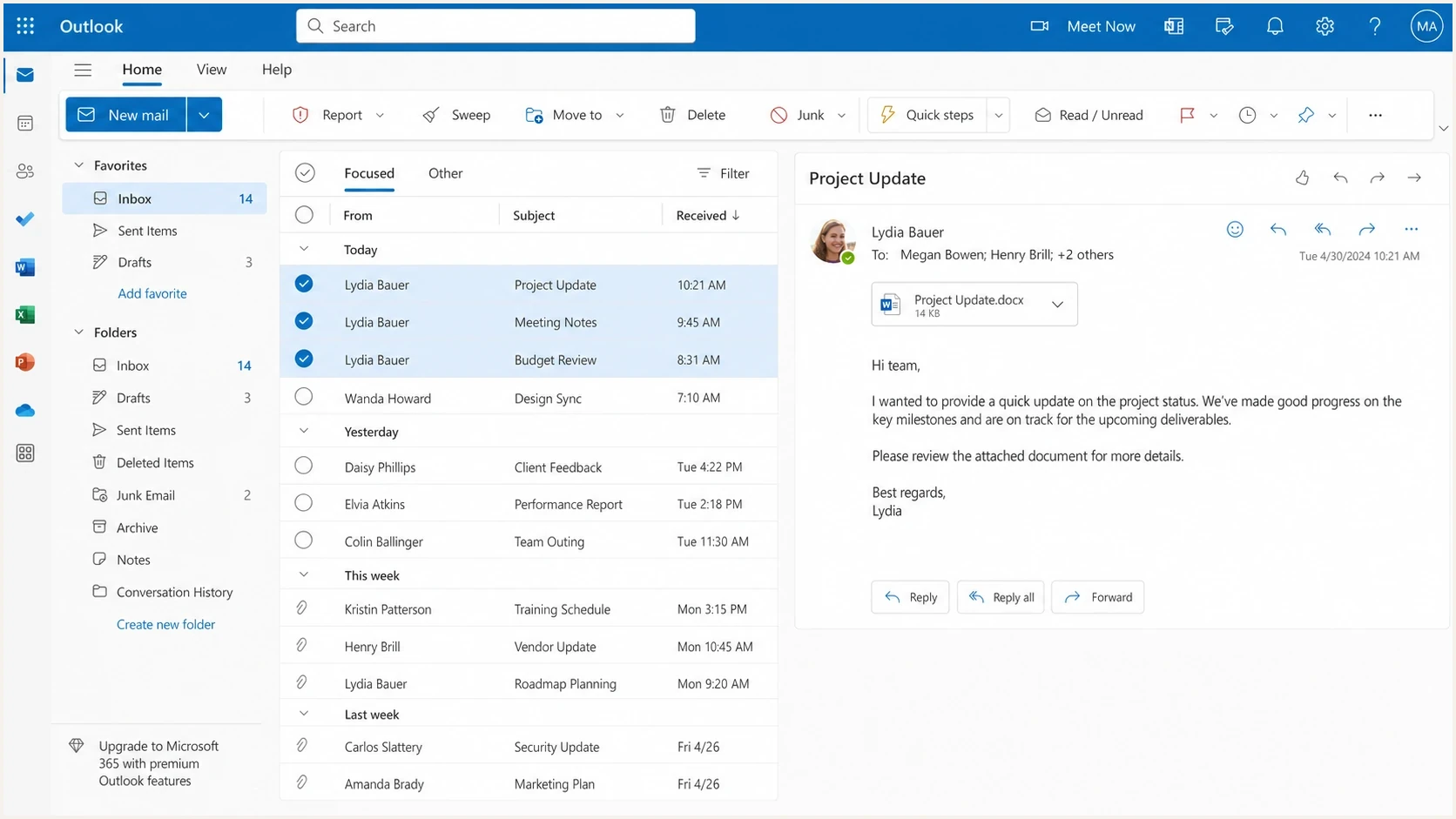 Microsoft Outlook on the web showing selected inbox messages and cleanup actions.