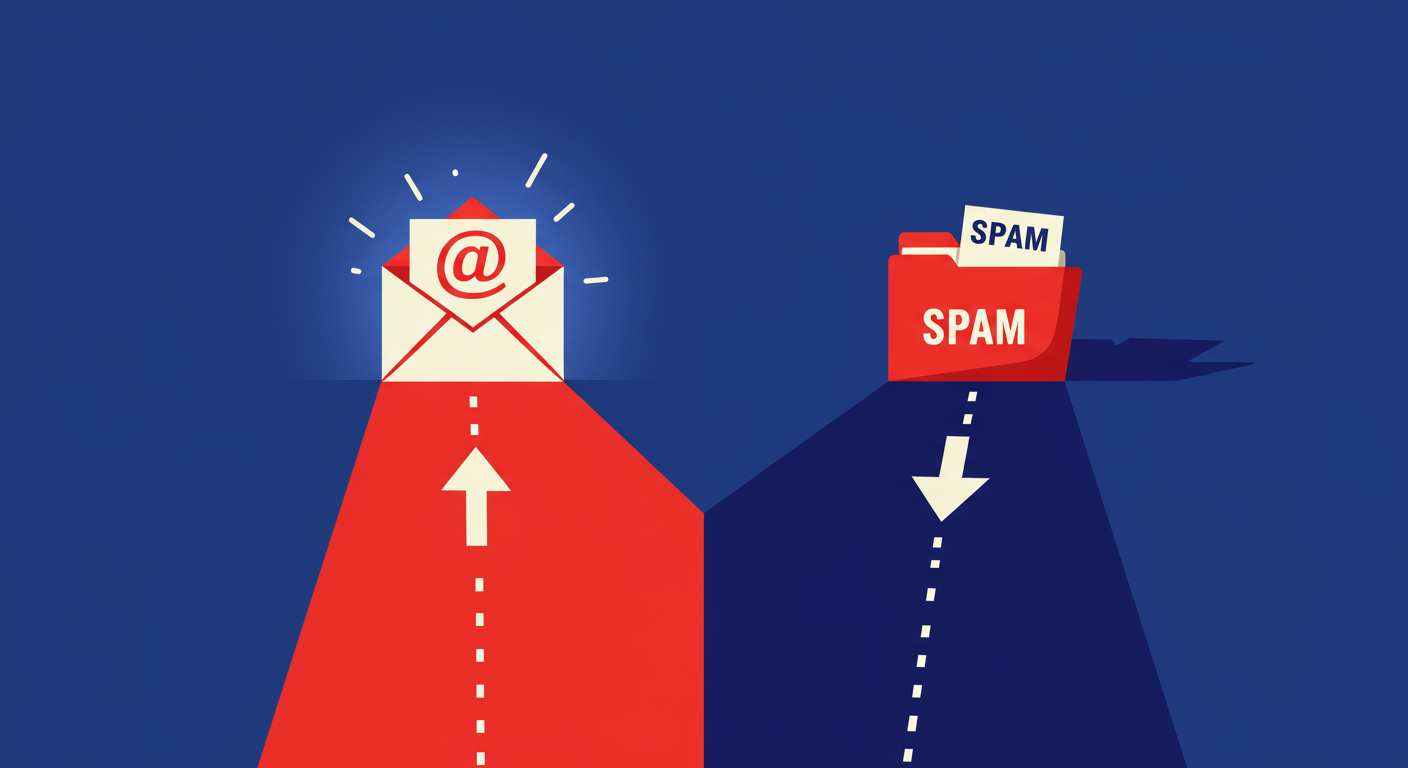 A path splits into two directions, one leading to a bright inbox icon and the other to a dark spam folder icon, representing the impact of domain reputation. The style of the images should be A minimalist retro illustration in the style of Malika Favre. Dominant colors are bright poppy red and deep royal blue. Vector art, high contrast. Do not put any words in the image or alphanumeric characters.