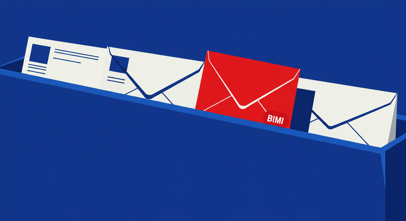 A minimalist illustration showing brand logos appearing in an email inbox, demonstrating BIMI.