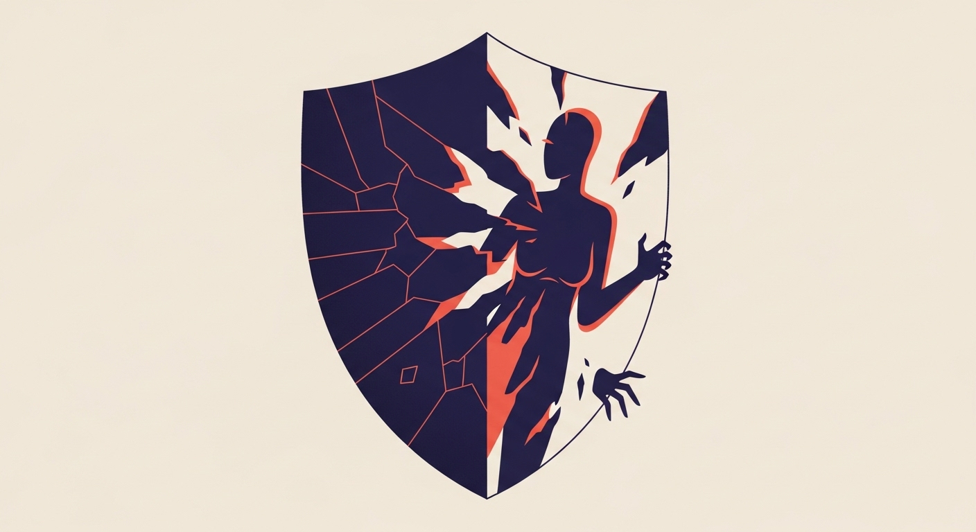 A cracked shield allowing a shadowy figure to pass through, representing a vulnerable domain without an SPF record