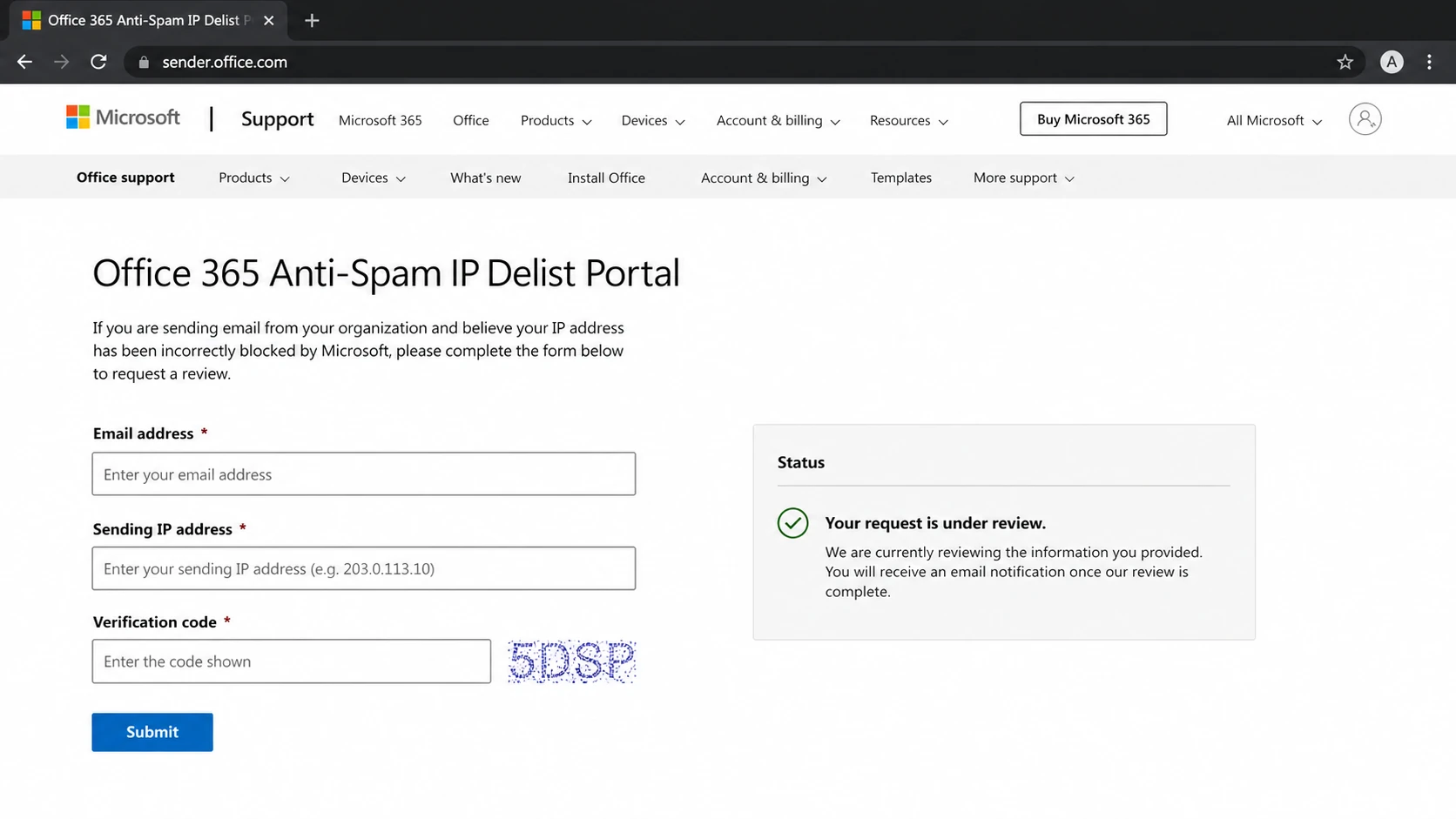 Microsoft delist portal form for a blocked sending IP.