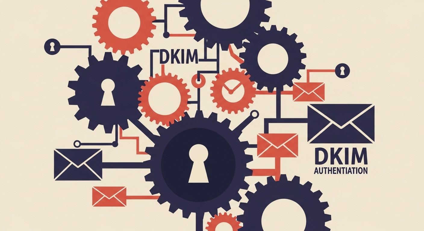 An illustration depicting the complex authentication process of DKIM within an email network