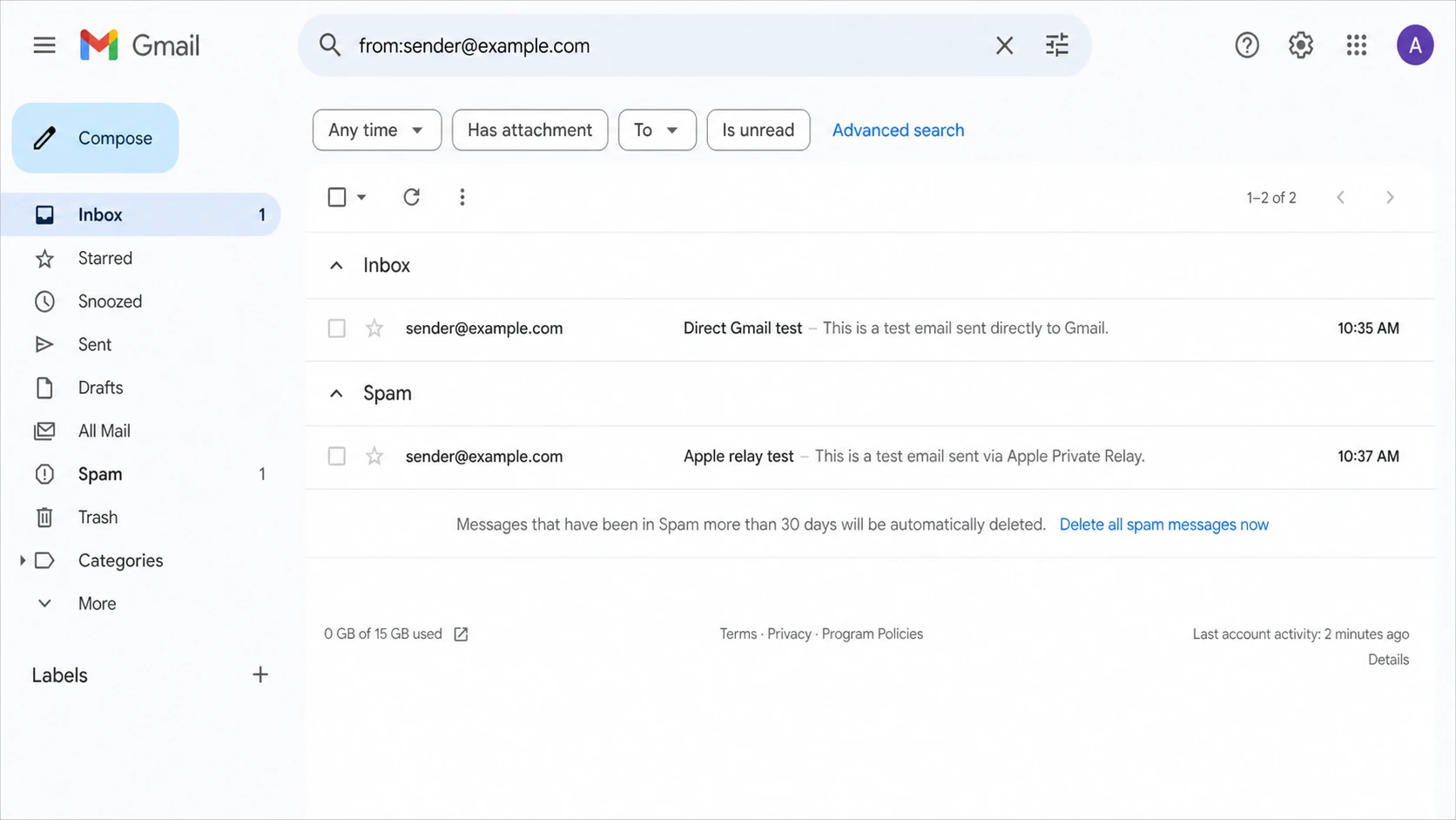 A Gmail screenshot showing direct delivery in Inbox and relay delivery in Spam.