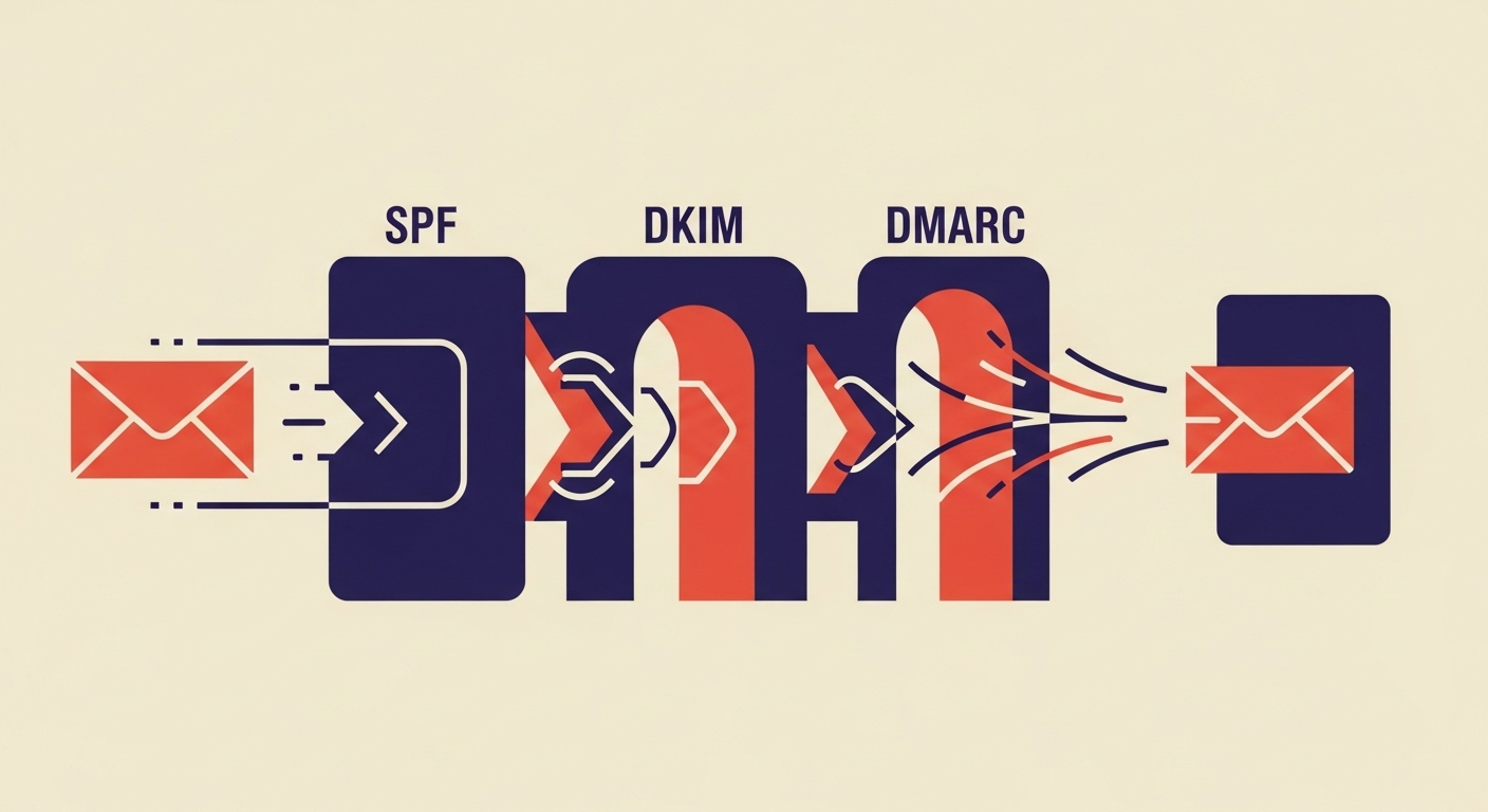 Secure email flow through SPF, DKIM, and DMARC authentication gates