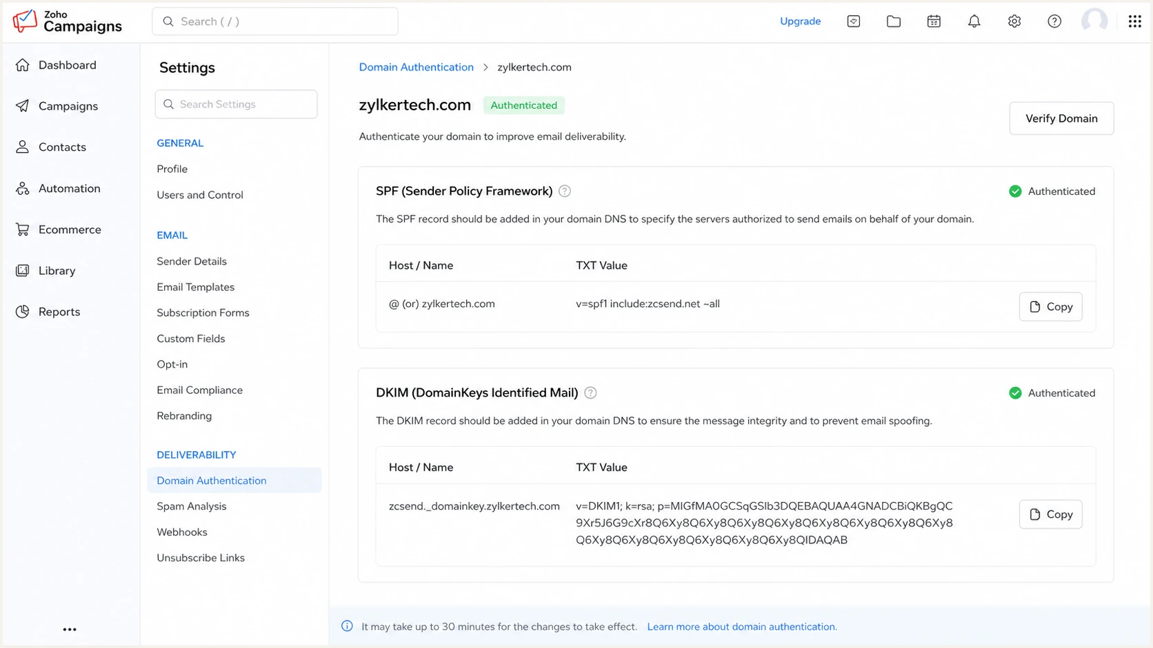 Copying SPF and DKIM DNS values in Zoho Campaigns