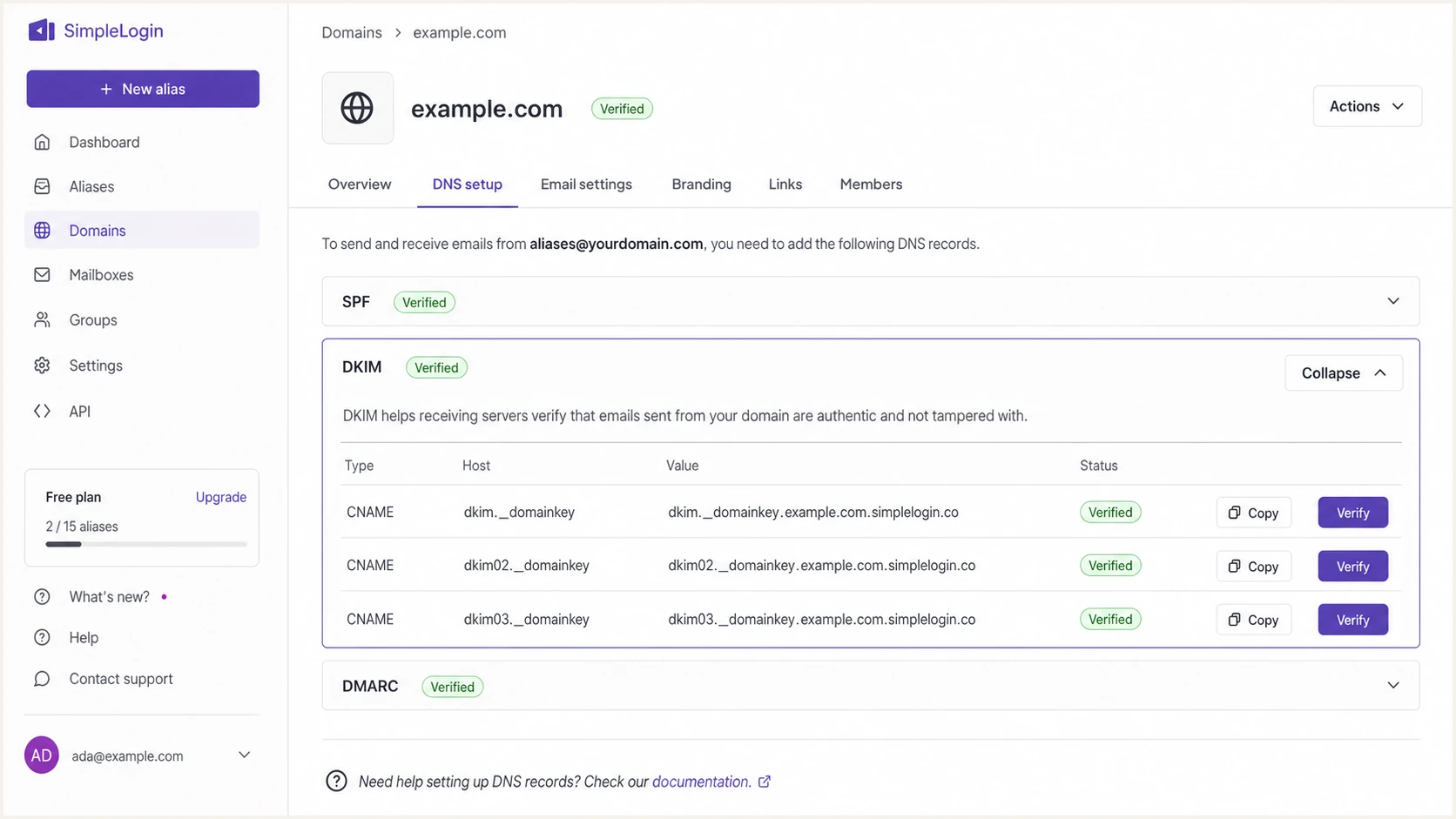 SimpleLogin DKIM CNAME selectors on the domain setup page