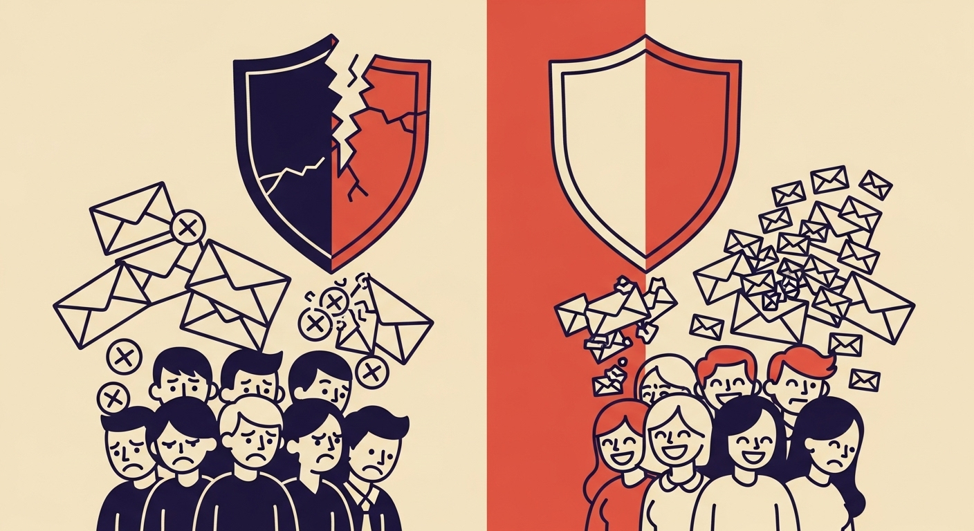 A comparison between a broken shield and frustrated users (no DMARC) and a strong shield with happy users (DMARC implemented).
