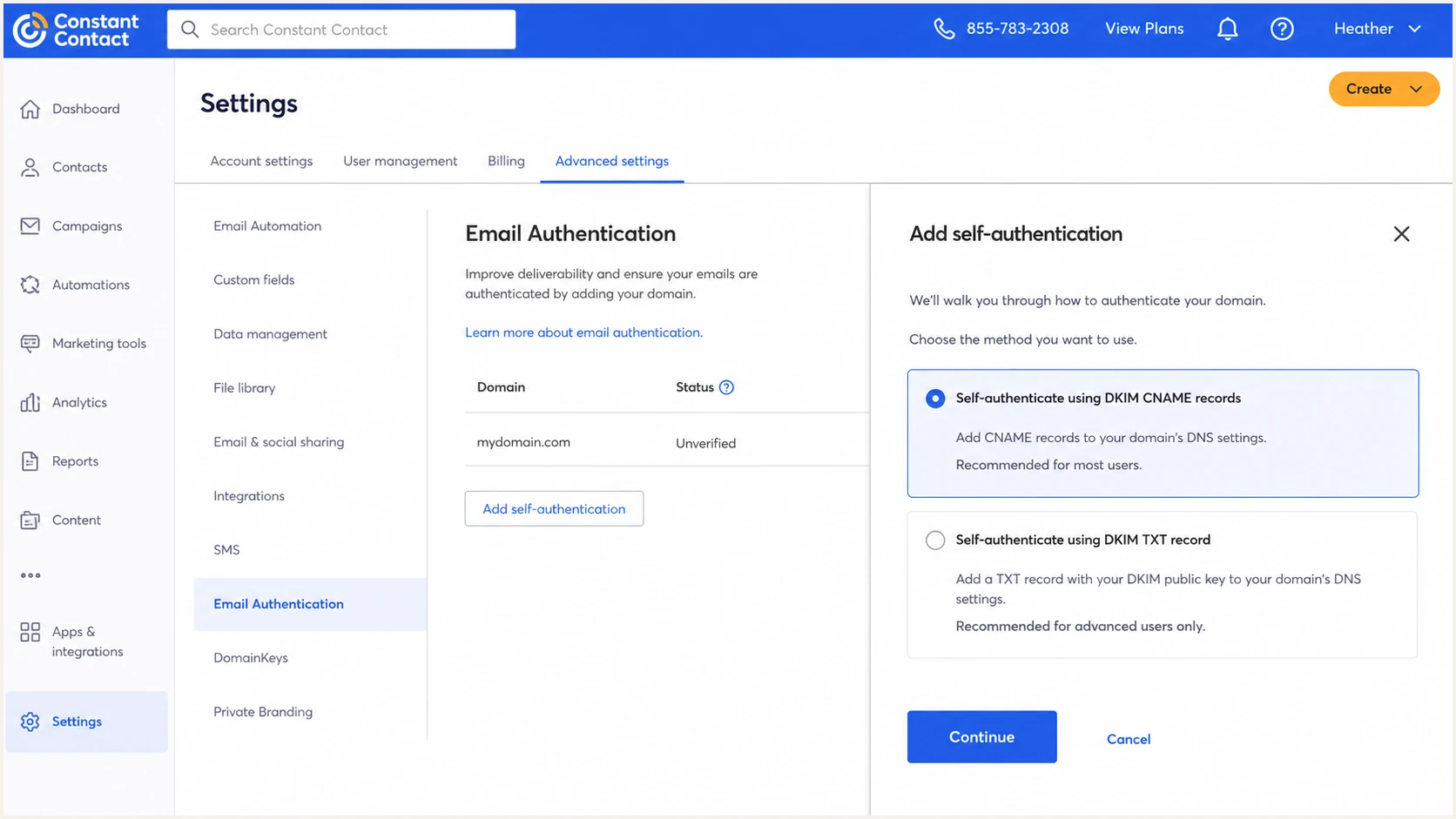 Constant Contact self-authentication screen with DKIM CNAME selected