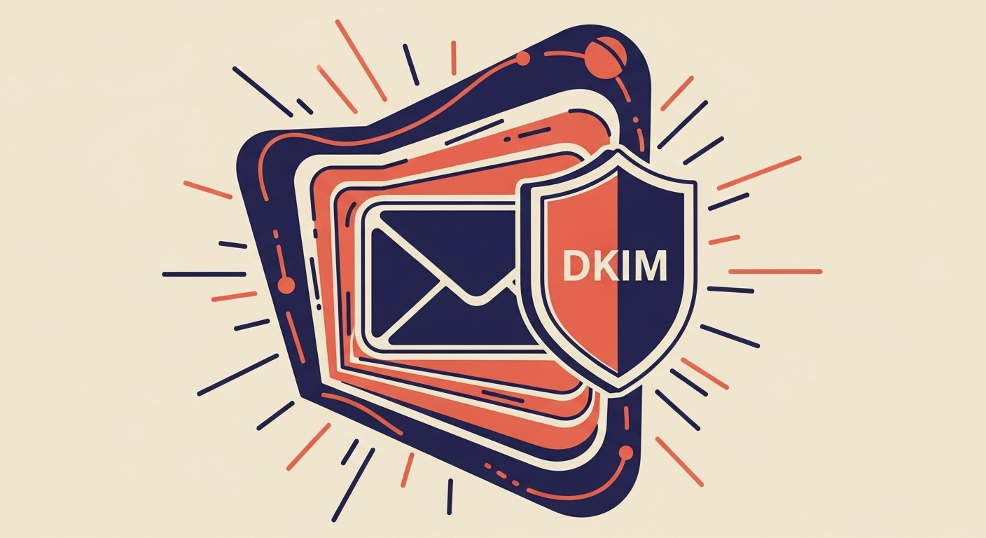Abstract illustration of email security with a shielded envelope, representing DKIM's role in protecting emails.