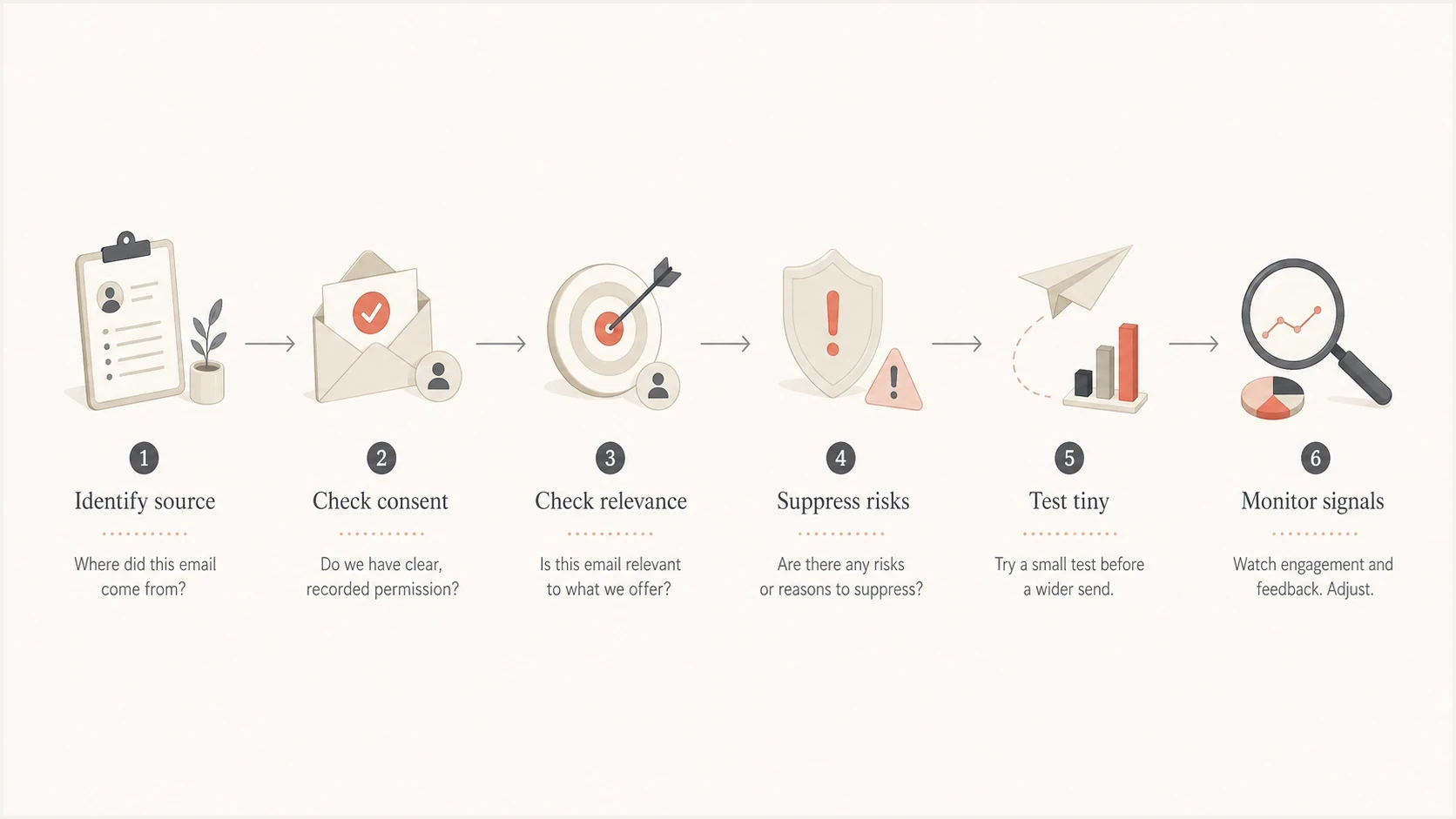 A decision flow for collected email addresses: identify source, check consent, suppress risks, test, and monitor.