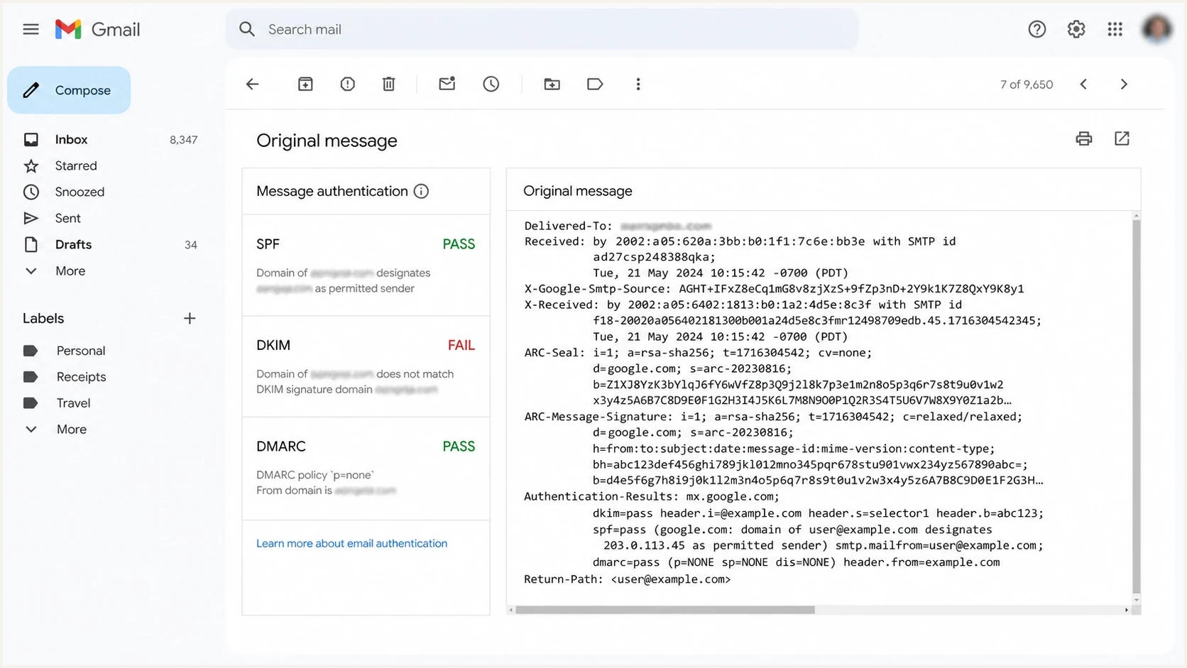 Gmail Show original with a DKIM fail summary beside dkim=pass and dmarc=pass raw results.