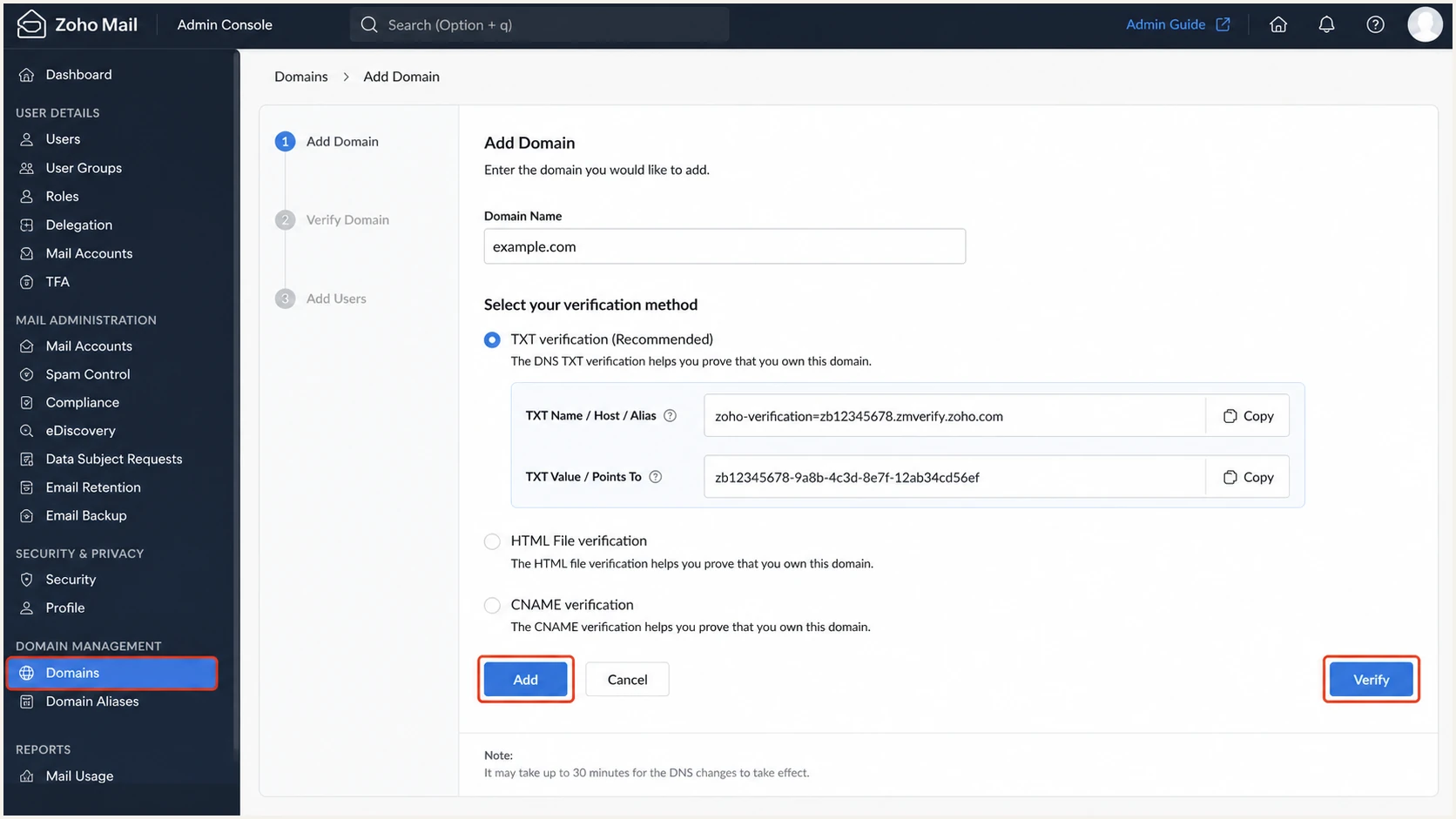 Adding and verifying a domain in Zoho Mail