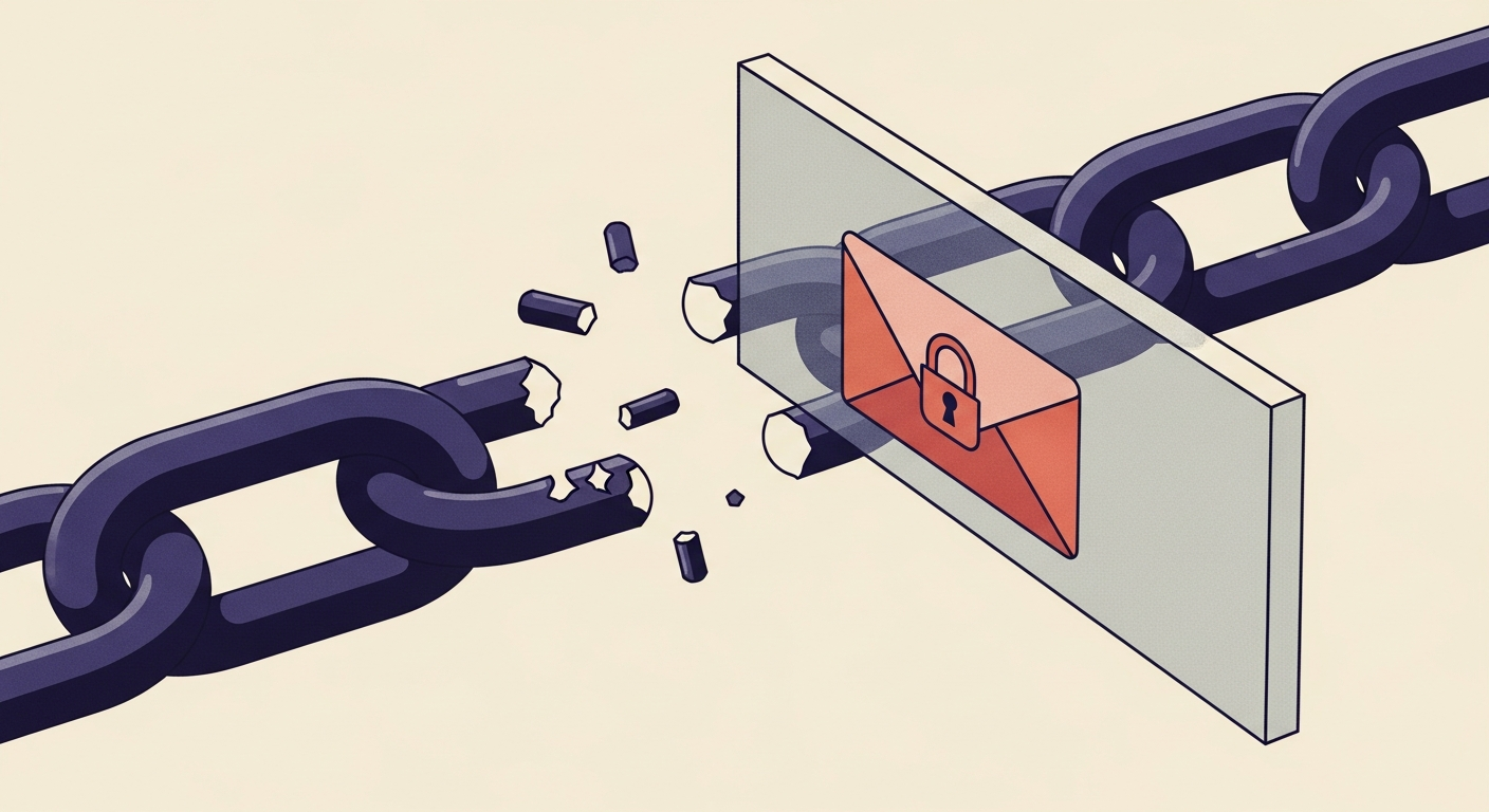 An illustration showing a break in email security, with an email unable to pass through a barrier due to a vulnerability.