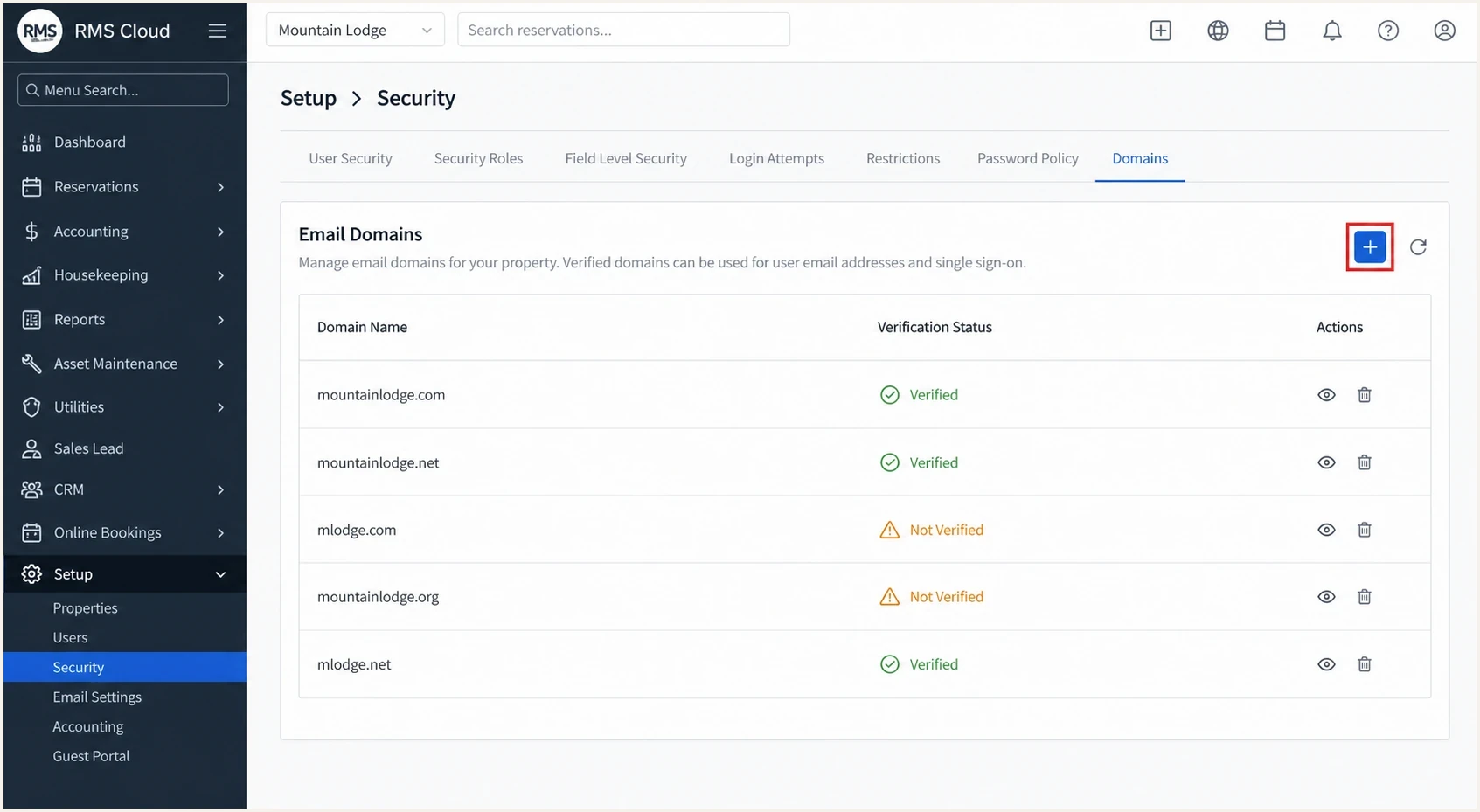 RMS Cloud Domains tab with the Add icon highlighted.
