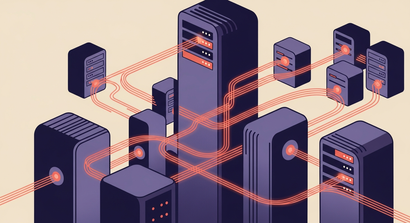 An illustration of interconnected servers performing DNS lookups