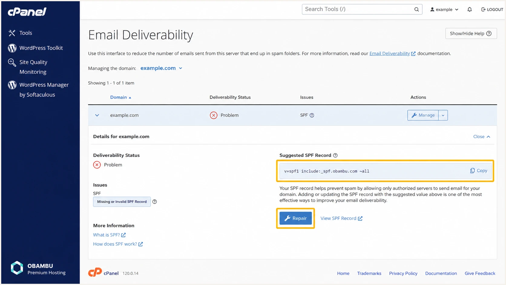 Obambu cPanel Email Deliverability screen with the suggested SPF record
