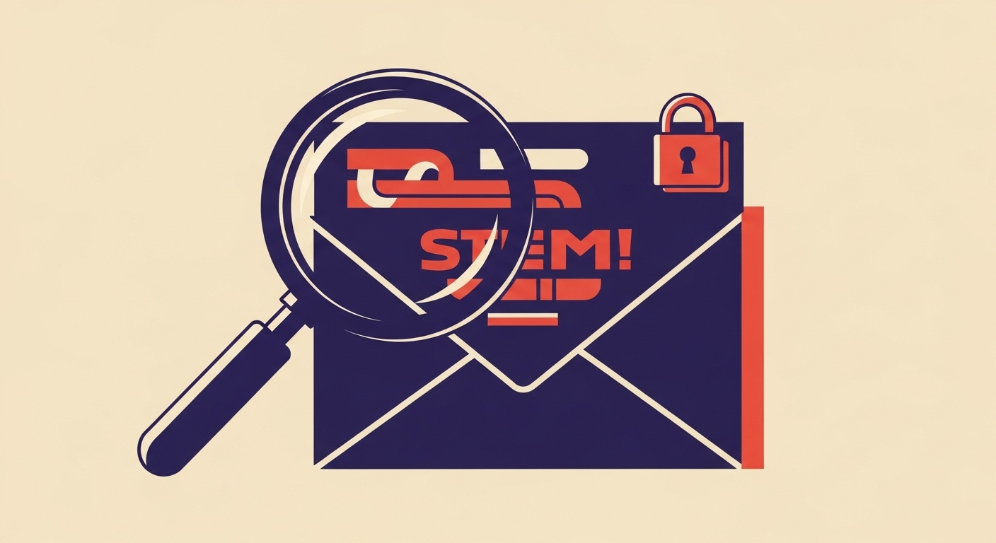 Magnifying glass examining an email, representing DKIM authentication and body hash verification