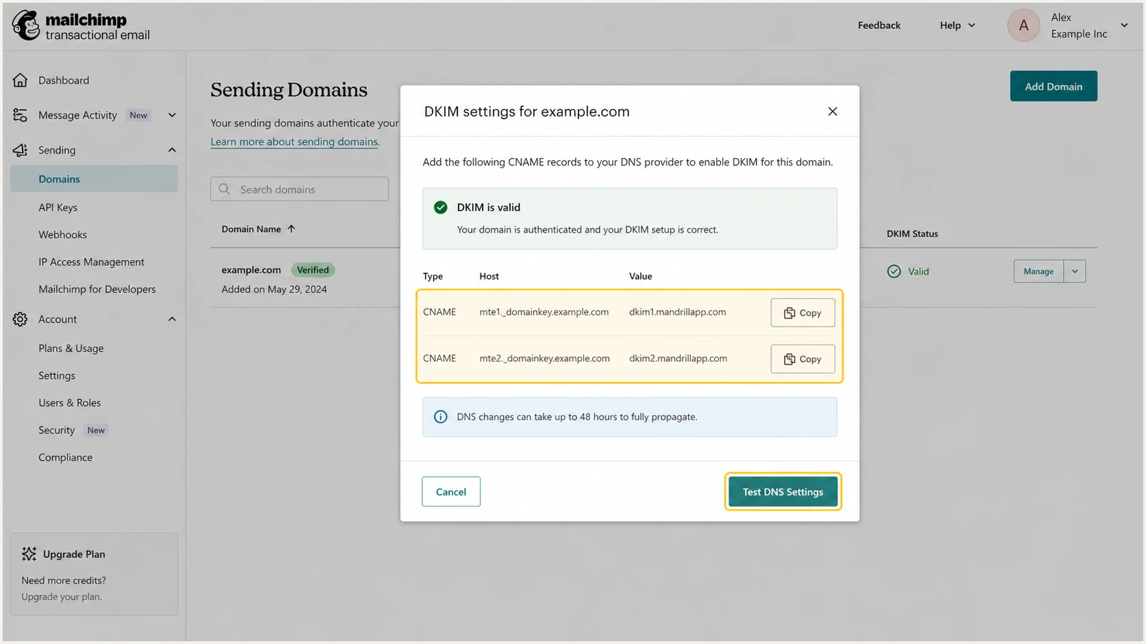 Mailchimp Transactional DKIM settings with two CNAME records