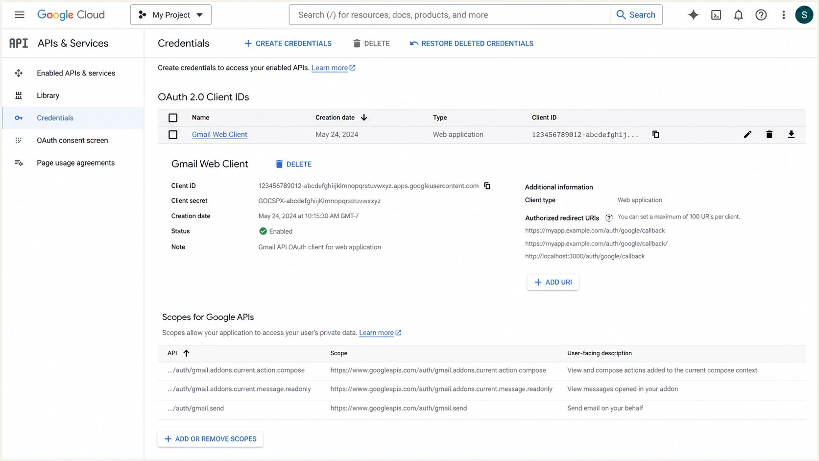 Google Cloud Console credentials screen for a Gmail API OAuth client.