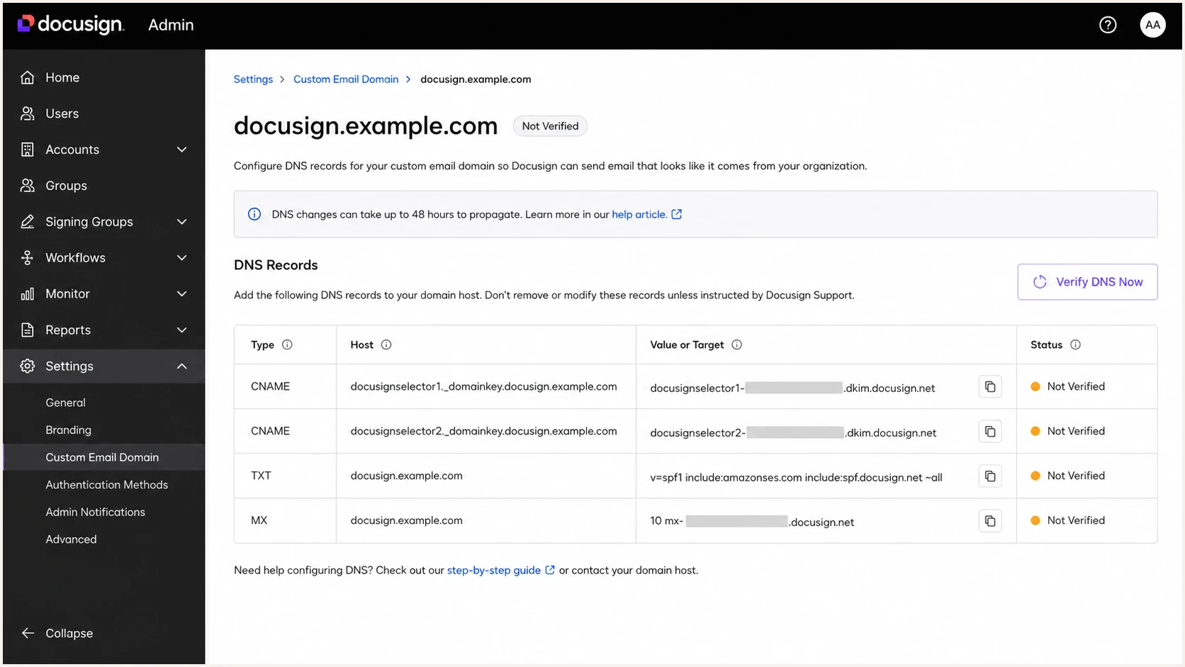 Docusign Custom Email Domain DNS records for DKIM, SPF, and MX
