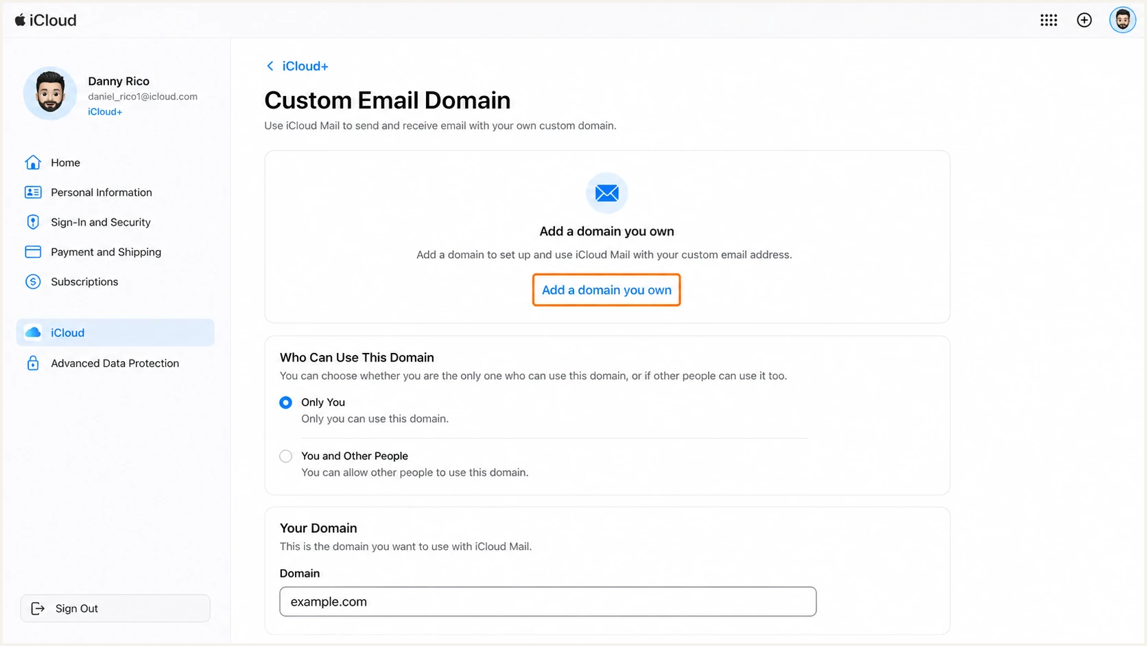 Apple iCloud+ screen for adding a custom email domain
