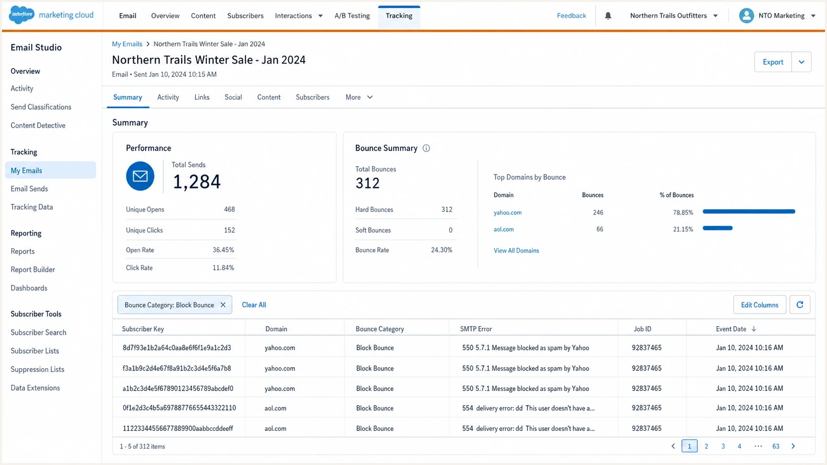 Salesforce Marketing Cloud bounce tracking filtered to Yahoo and AOL block bounces.