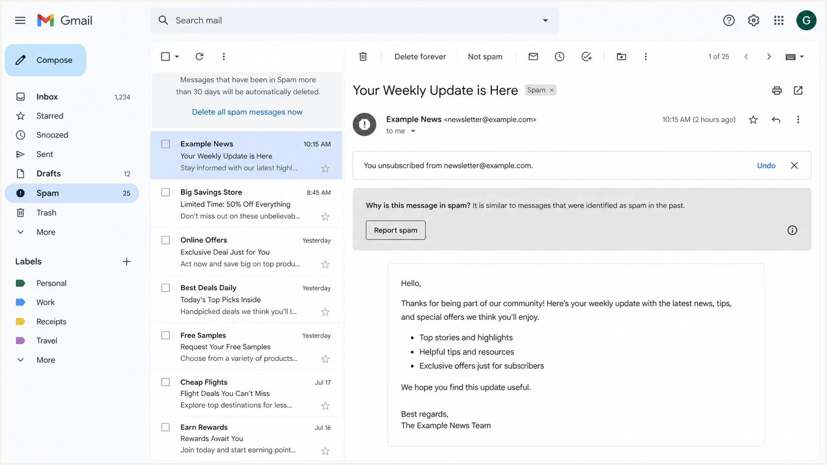 A Gmail message view showing an unsubscribe status banner near the top of the email.