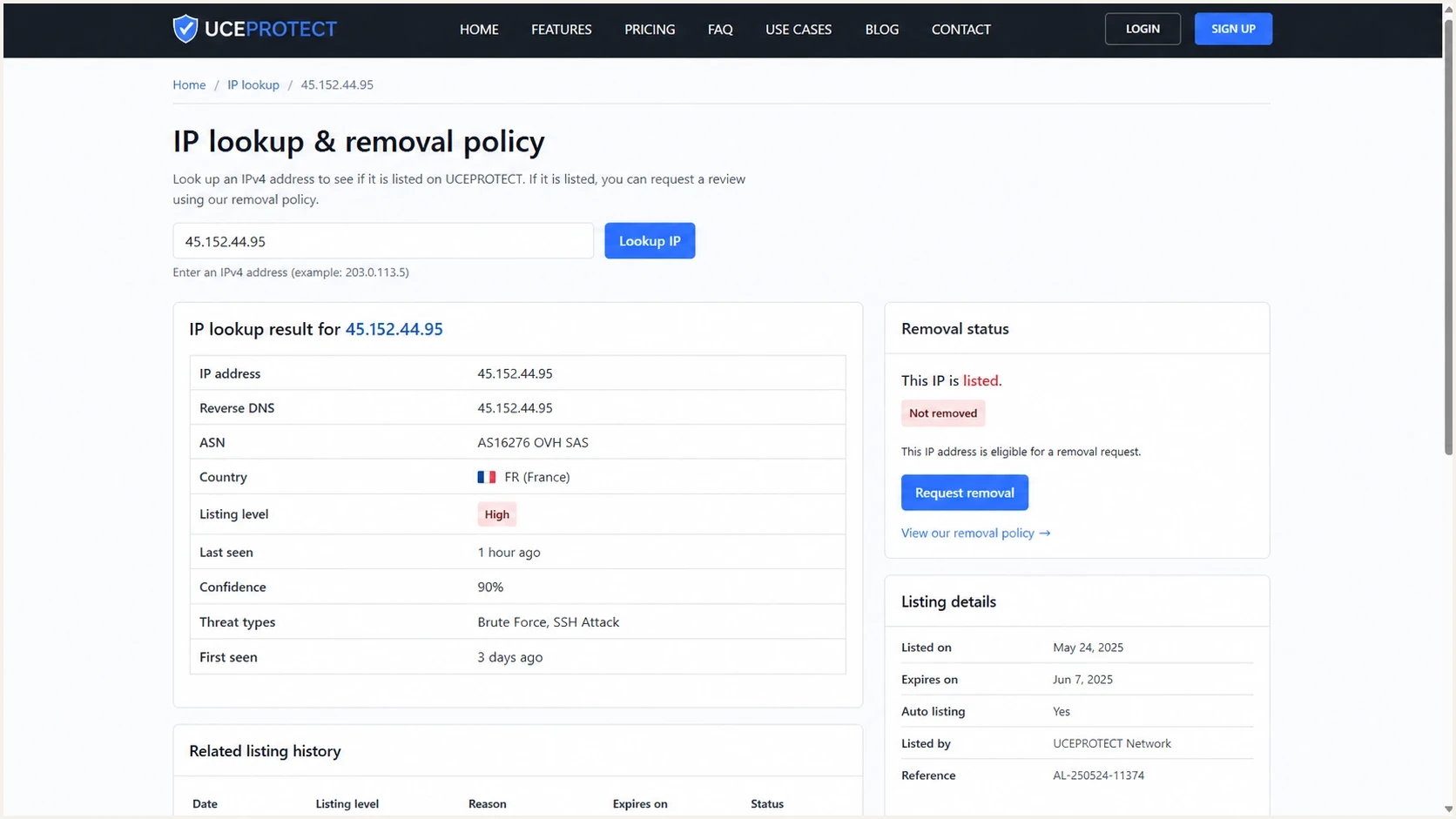 UCEPROTECT lookup result showing IP listing level and removal status.