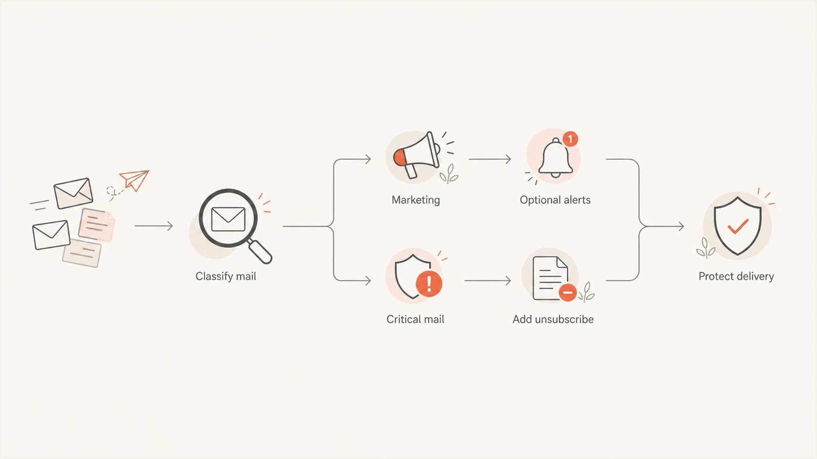 Email stream routing flowchart for marketing, optional alerts, and critical transactional mail.
