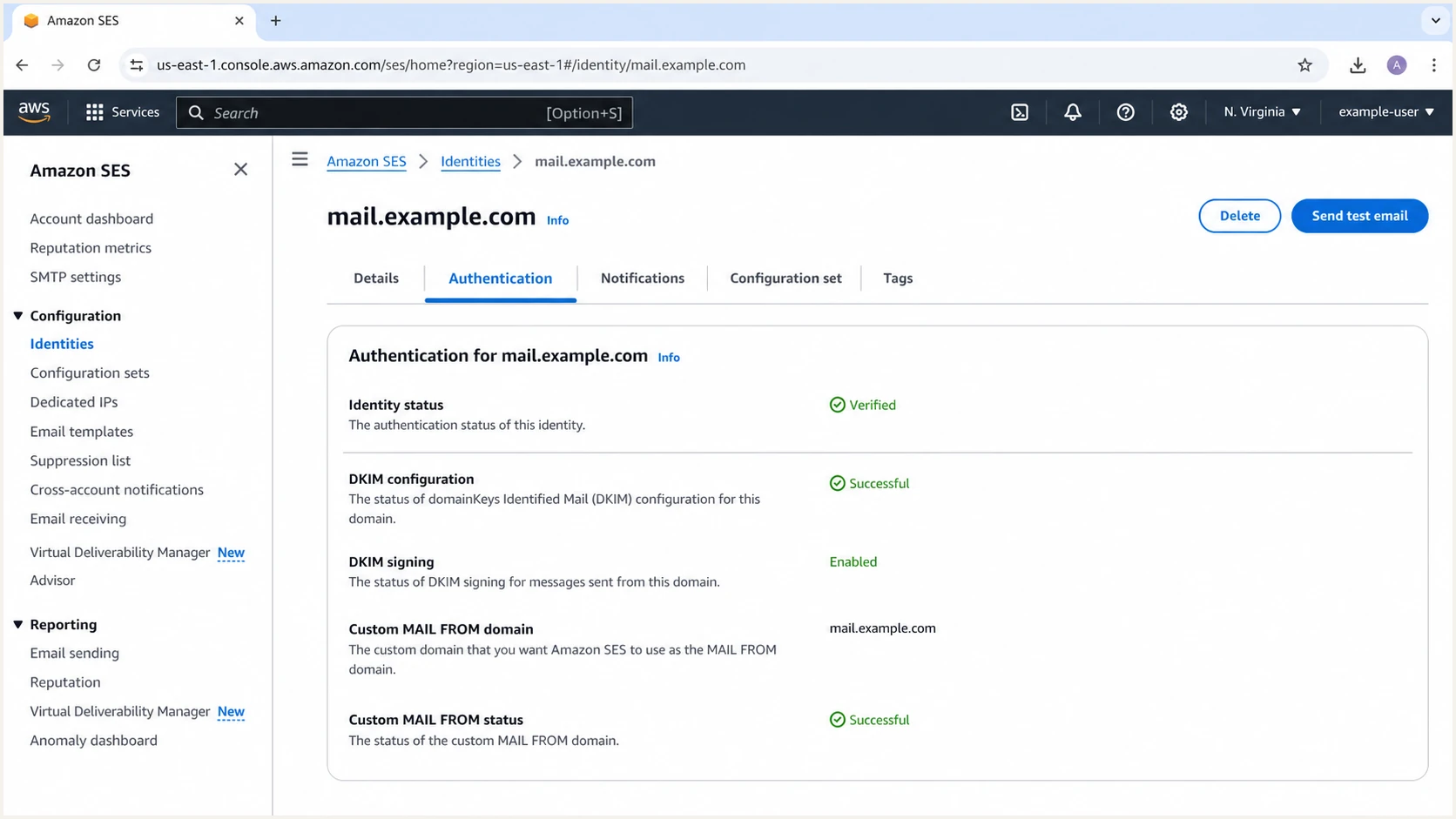 Amazon SES identity with successful DKIM and custom MAIL FROM status